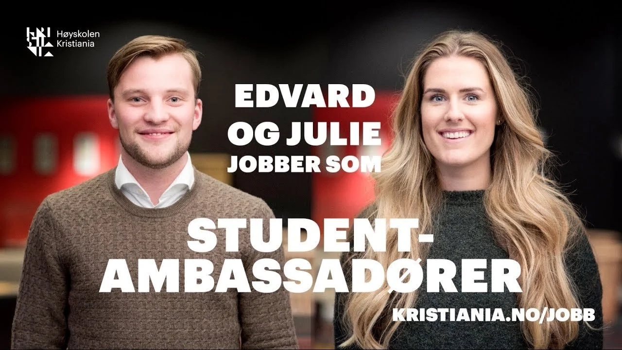 Reklamegrafikk for studentambassadører med to portretter og stor hvit typografi.