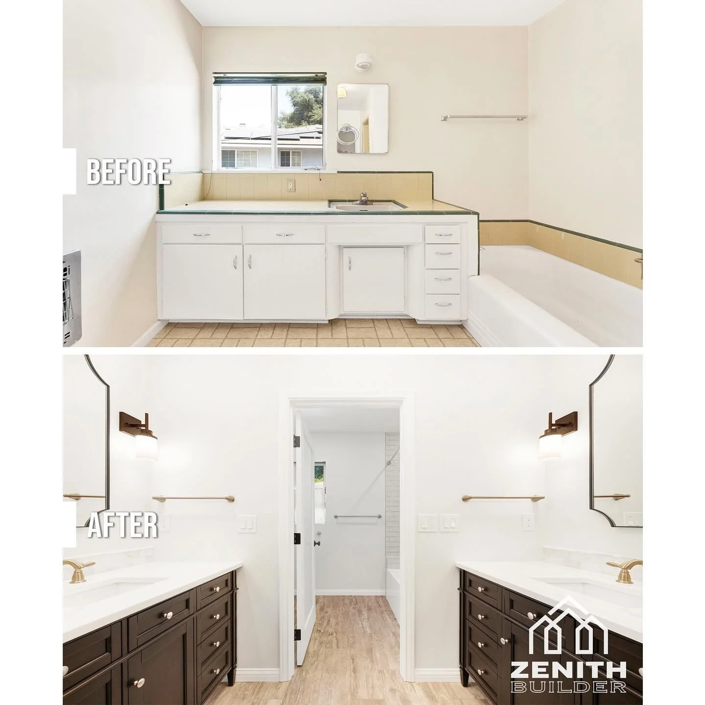 ✨ From Yellow Tile to Timeless Style 🛁

This bathroom makeover is all about the details&mdash;modern vanities, warm wood tones, and crisp white tile to open up the space. We swapped the old vanity and shower for clean lines, double sinks, custom cab