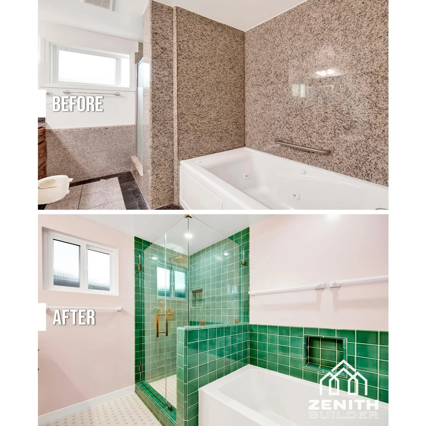 Turning Granite into Glam&nbsp;

Swipe to see how we took this outdated space and turned it into a modern retreat!

From heavy granite walls to fresh pink tones, warm wood accents, and vibrant green tile &mdash; this bathroom now feels bright, welcom