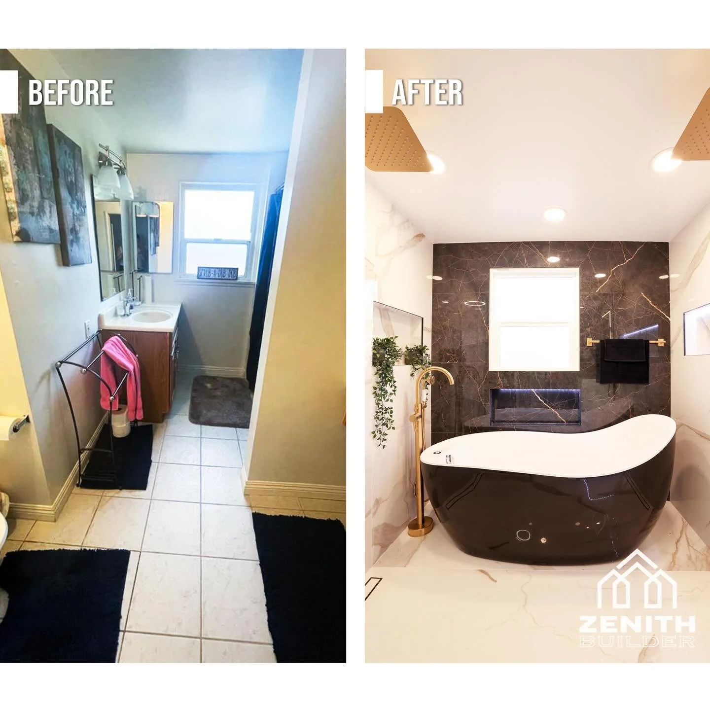 A spa-like bathroom, designed to feel intentional from every angle.
 This finished bathroom remodel balances bold contrast with warm details&mdash;black stone, soft veining, and brass fixtures working together seamlessly.
 A space like this isn&rsquo