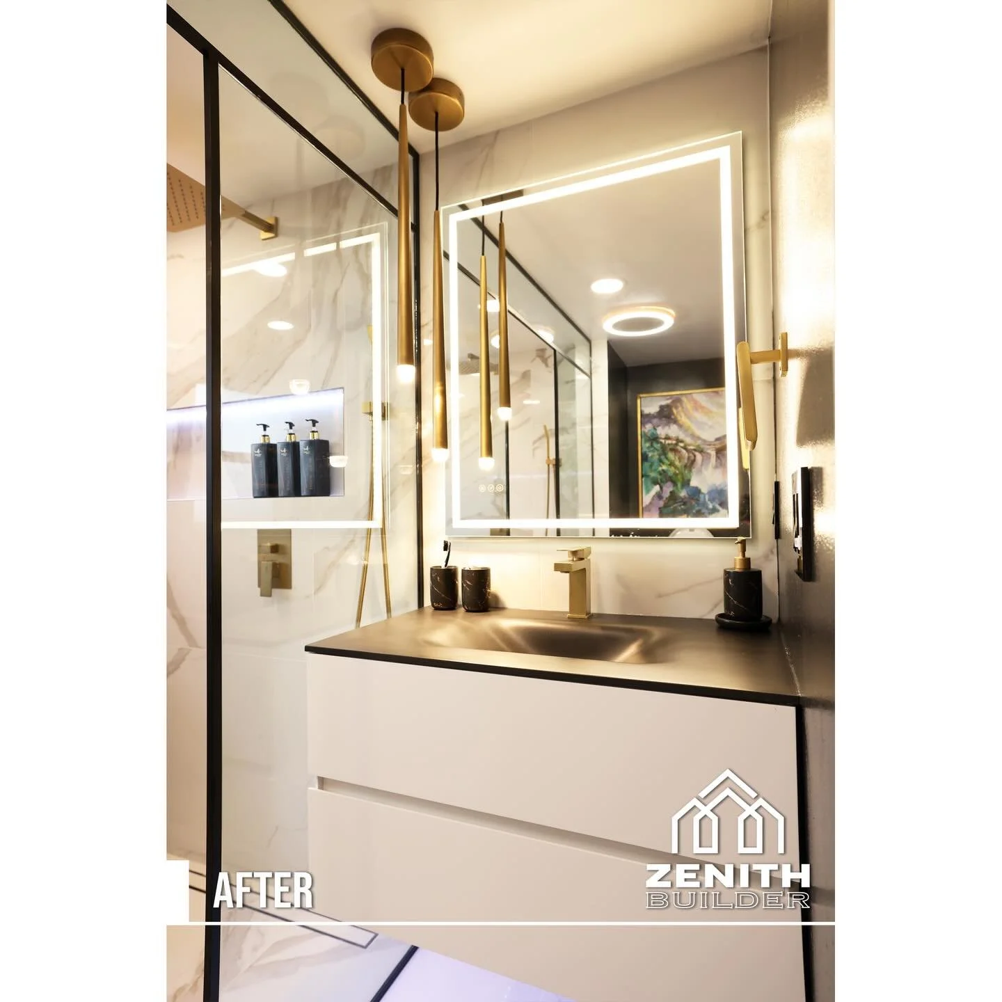 It&rsquo;s the details that elevate a bathroom from standard to custom.
 From the brass fixtures to the slab-style wall finishes and built-in niches, every choice was made to feel cohesive and intentional.
 When details work together, the space feels