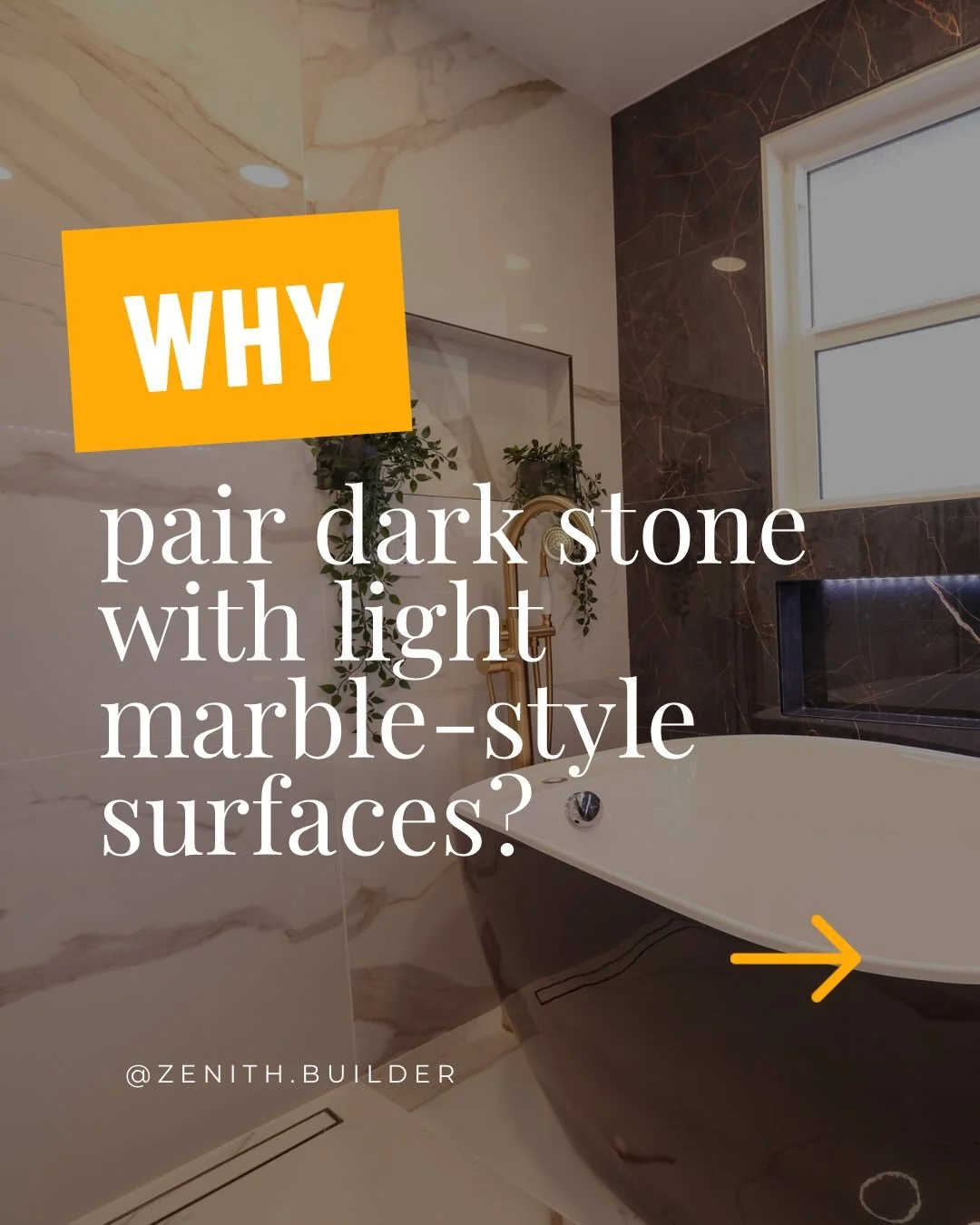 Why pair dark stone with light marble-style surfaces?
 ✔️ Creates contrast without feeling heavy ✔️ Helps highlight focal features like the tub ✔️ Adds depth and visual interest ✔️ Keeps the space from feeling flat or dated Good bathroom design is ab