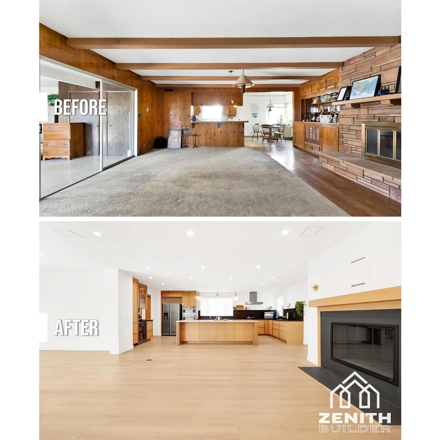 Open. Warm. Intentional.

This dining and living transition space was designed to feel expansive &mdash; without losing intimacy.

Natural wood tones ground the space.

A central fireplace creates a quiet focal point.

Wide-plank flooring extends con