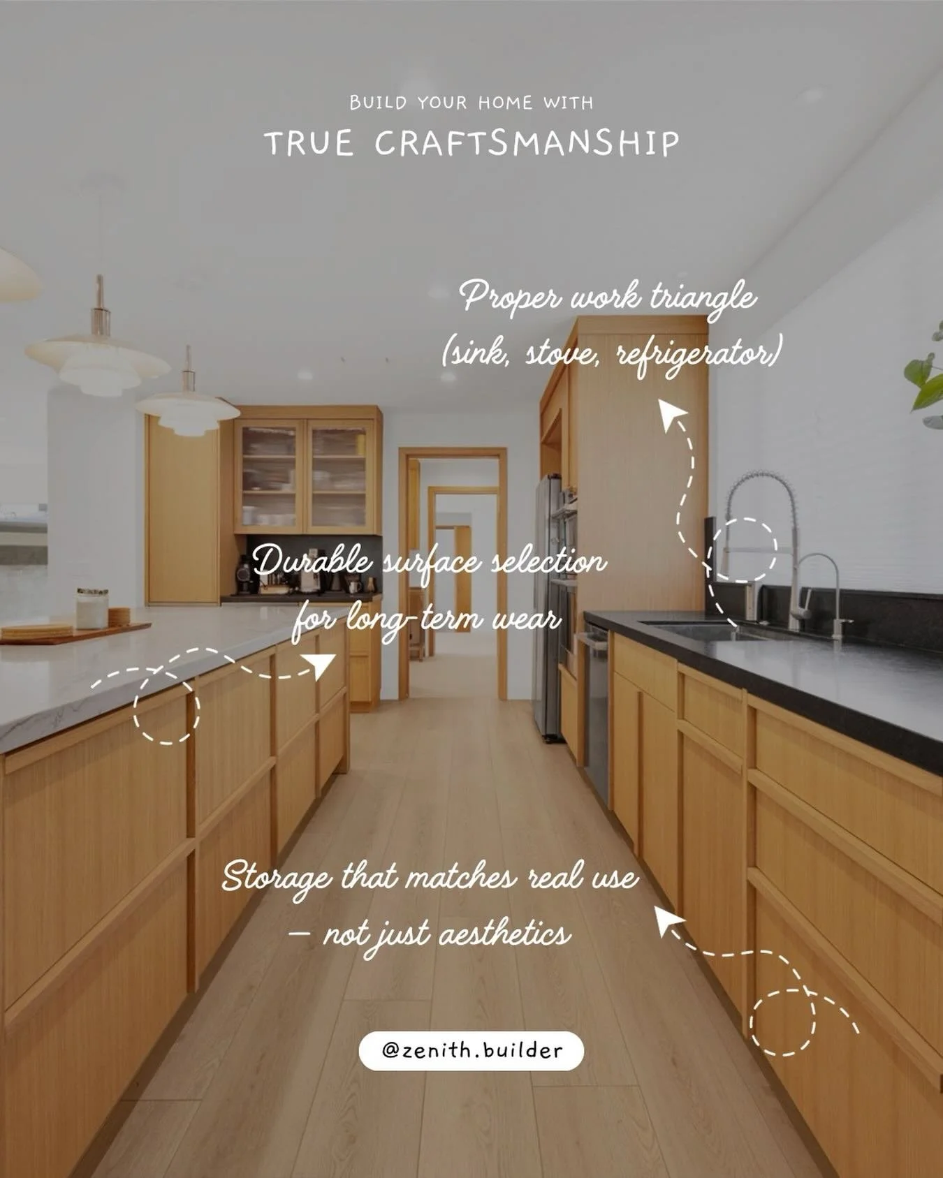 A high-functioning kitchen is built long before finishes are installed.

What matters most:
&bull; Proper work triangle (sink, stove, refrigerator)
&bull; Adequate clearance for movement and workflow
&bull; Storage that matches real use &mdash; not j