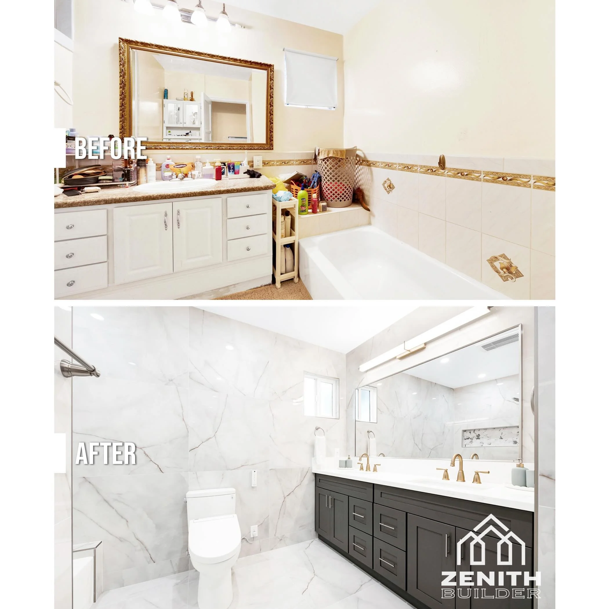 Swipe to see the transformation&nbsp;🤯

This bathroom went from dated and closed-in to bright, modern, and spa-like. From the oversized framed mirror and busy tile borders to seamless marble-look walls, custom cabinetry, and clean finishes &mdash; e