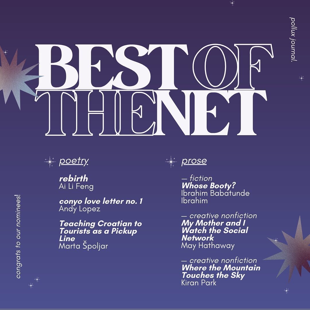 welcoming our best of the net 2021 nominees 💜🎉 please give them a big round of applause!!

poetry: @_ai.li._ // @andylopezwrites // Marta &Scaron;poljar

prose: @heemthewriter // @mayy_h // @kiranlpark 

#BestOfTheNet #botn