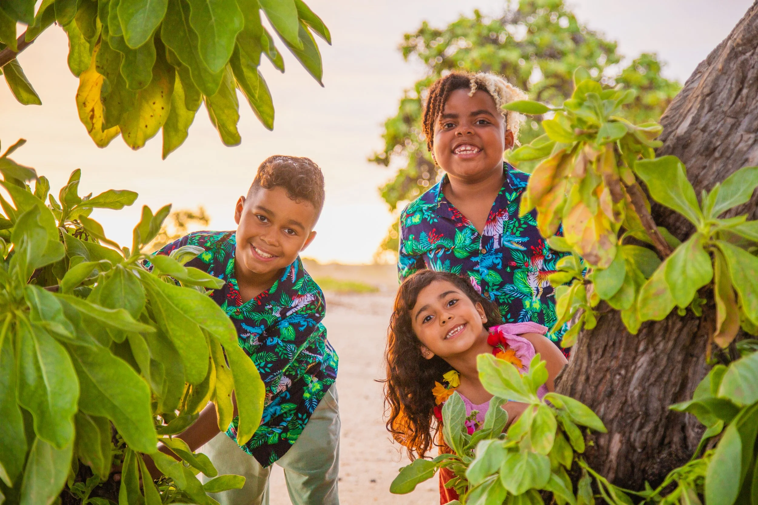 Four children smiling and peeking through green foliage and a tree trunk on a sunny outdoor setting.