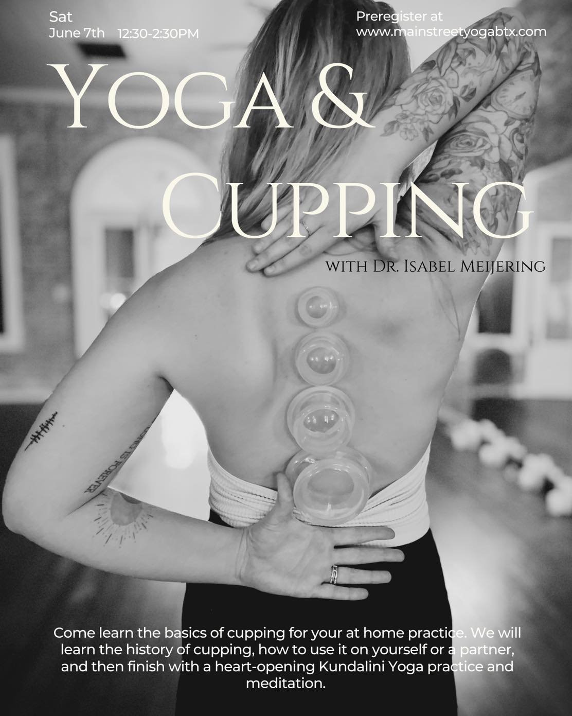 Come learn the basics of cupping for your at home practice. We will learn the history of cupping, how to use it on yourself or a parter, and then finish with a heart-opening Yoga practice and meditation. 
Wear loose fitting clothing like shorts and a