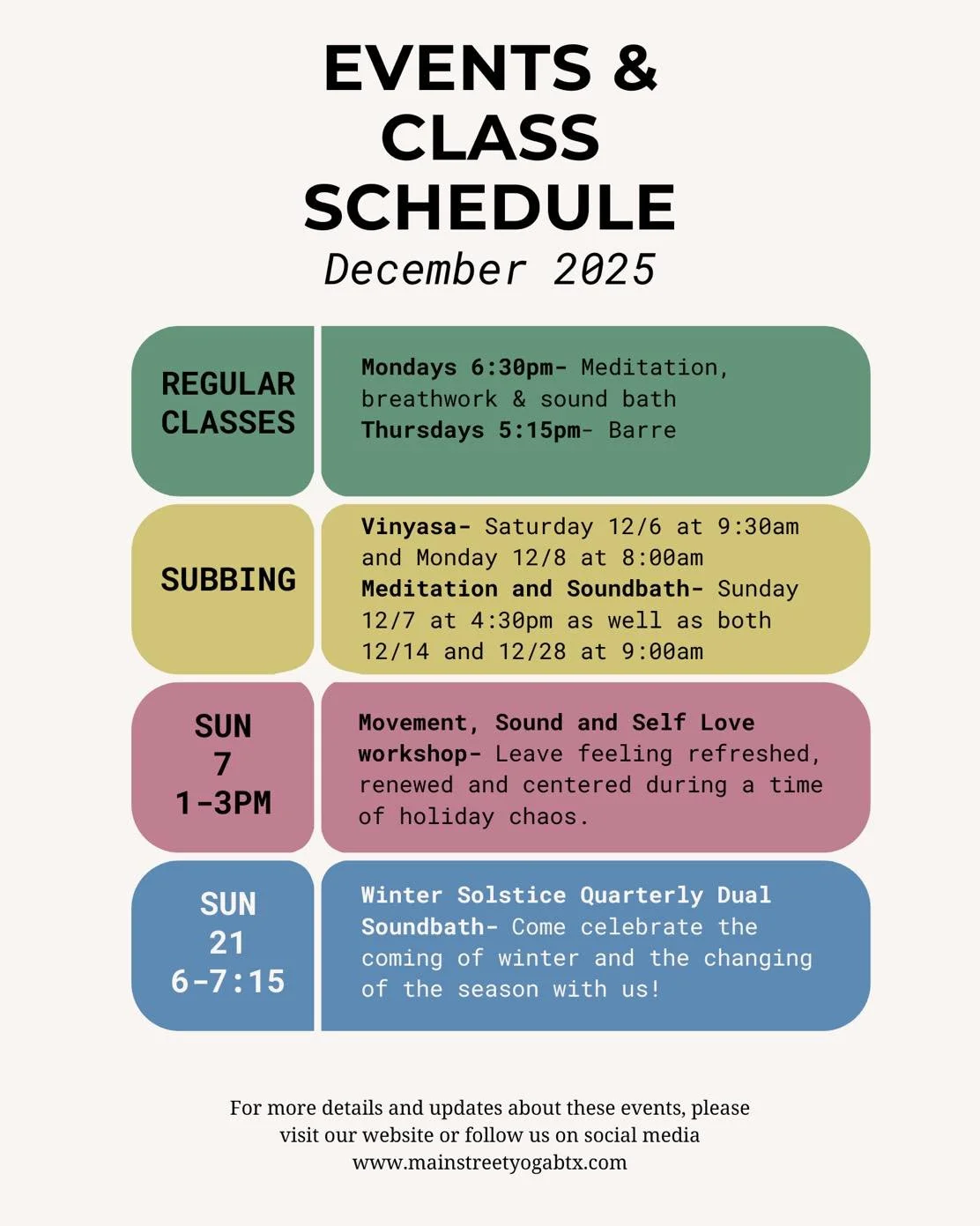 December is full of lots of classes and workshops I&rsquo;m hosting at Main Street Yoga🥰 let me know if you have any questions and I&rsquo;d love to see you there!
