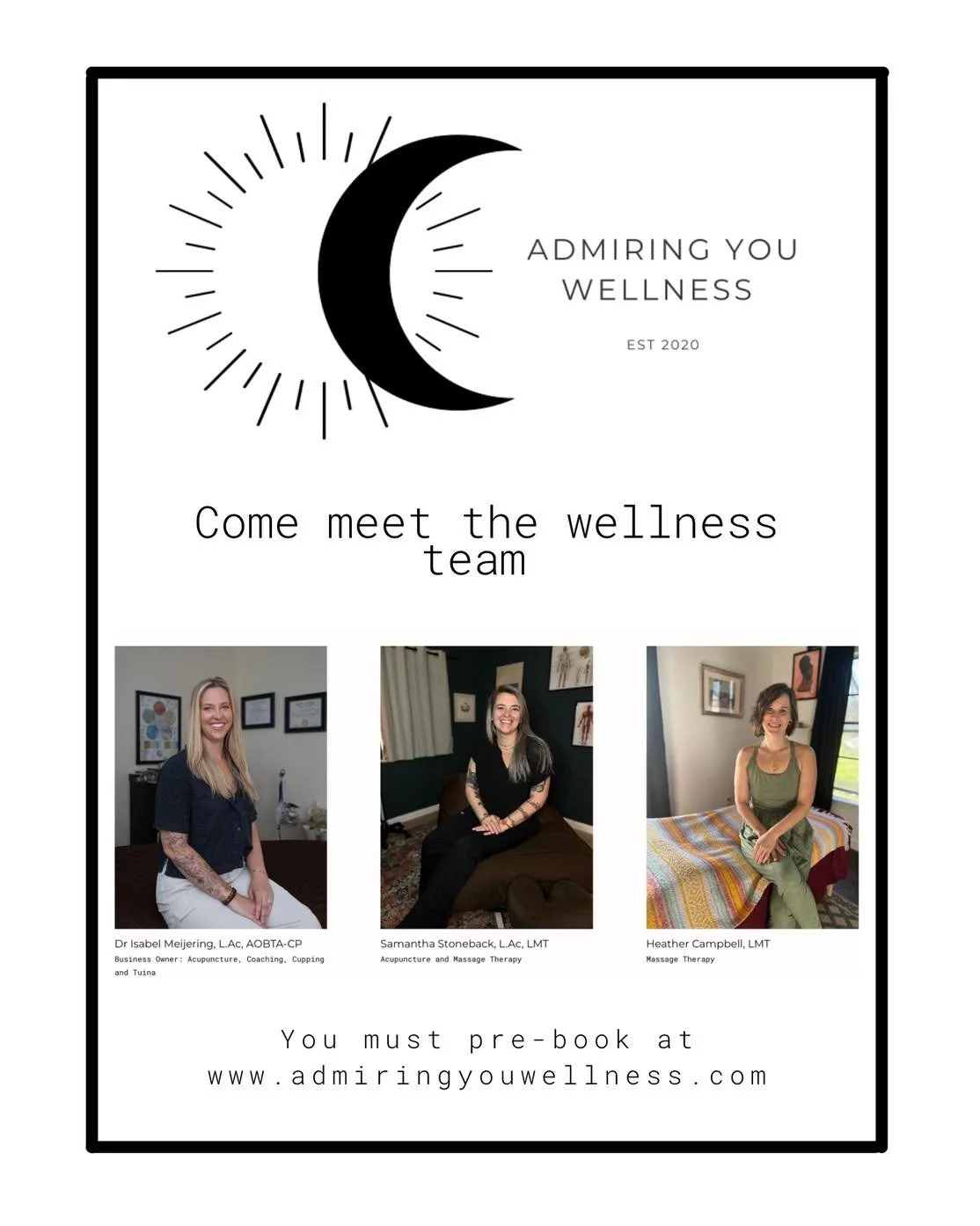 Looking for a new acupuncturist or massage therapist? Come meet the team ✨

Dr Isabel Meijering- Acupuncture, cupping, coaching 
Samantha Stoneback- Acupuncture, cupping, Thai Massage 
Heather Campbell- Massage therapy 

We are located conveniently n