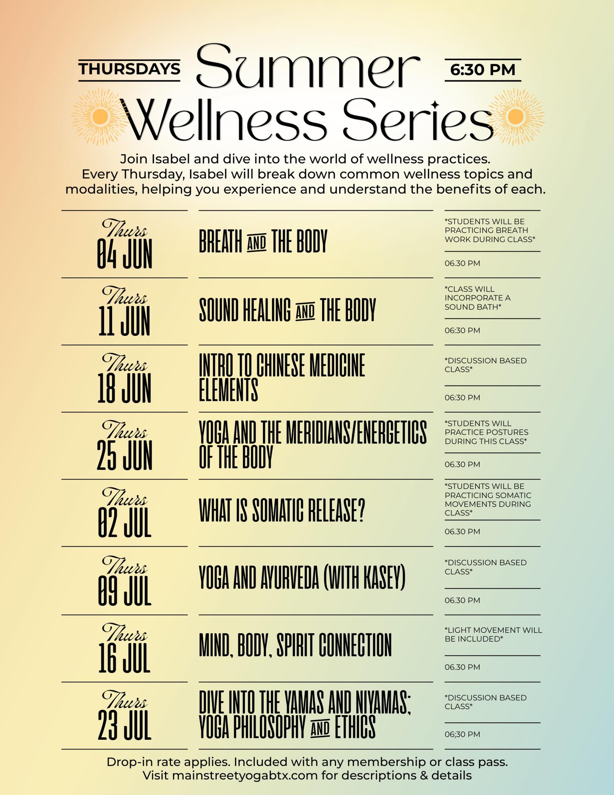 Ok my friends! Here is my Thursday night 6:30pm summer wellness series lineup at @main_street_yoga_btx ✨ 

Peep the date you&rsquo;ll have @kaseyducloux come and teach about yoga and Ayurveda 😍

These are some of your most asked about topics. We wil