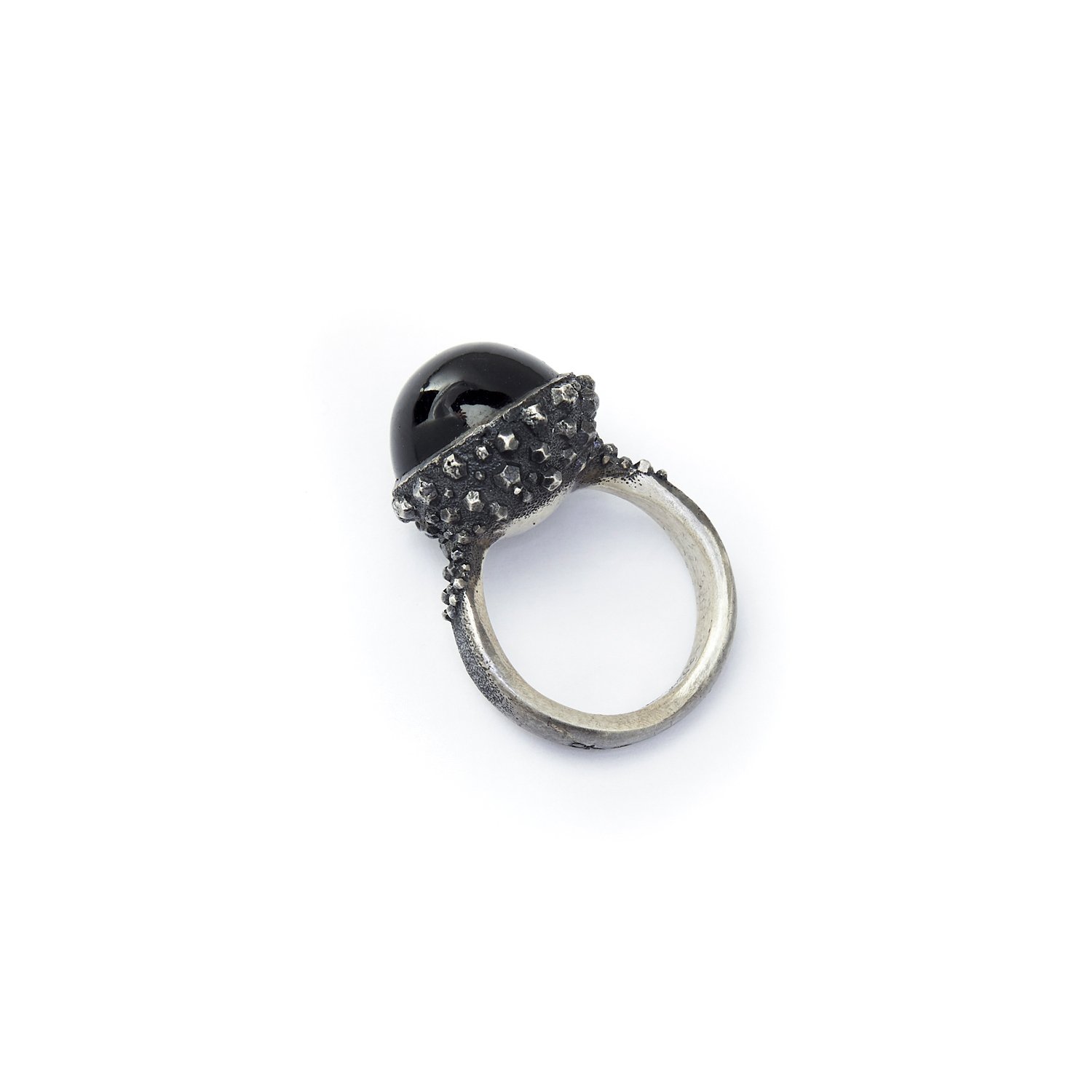 Ruff texture silver ring with 15mm black Onyx half sphere