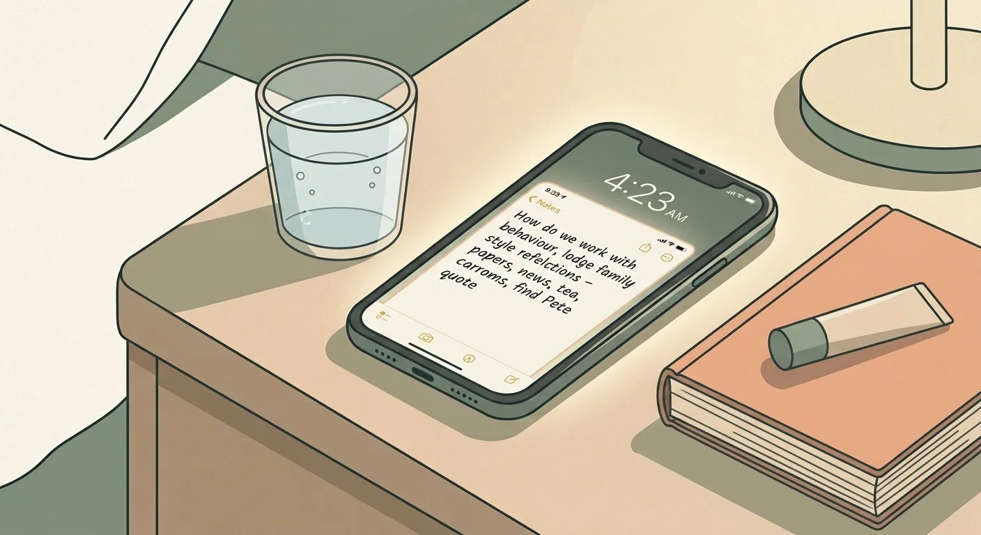 A simple line illustration of a phone on a night stand showing some 4am notes.