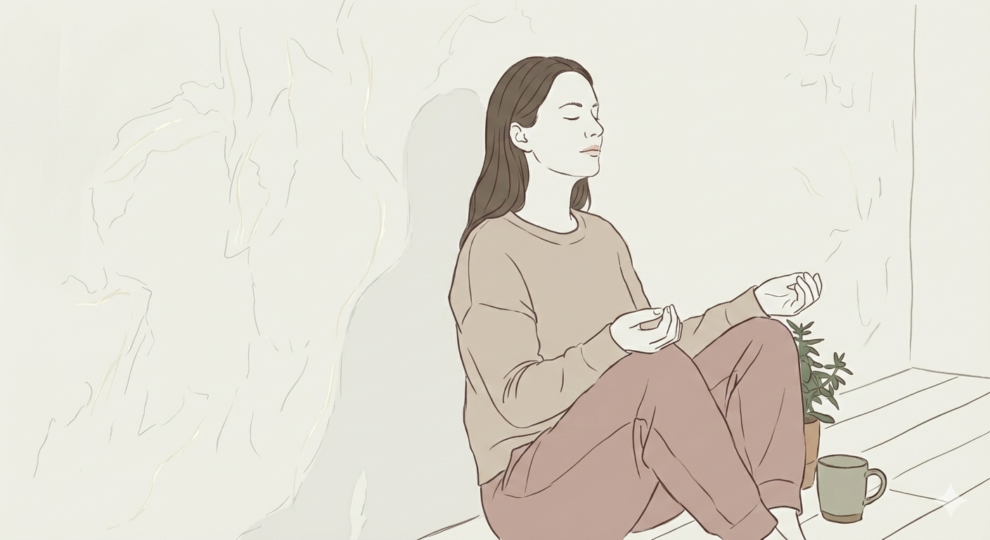 A simple line illustration of a person meditating against the wall.