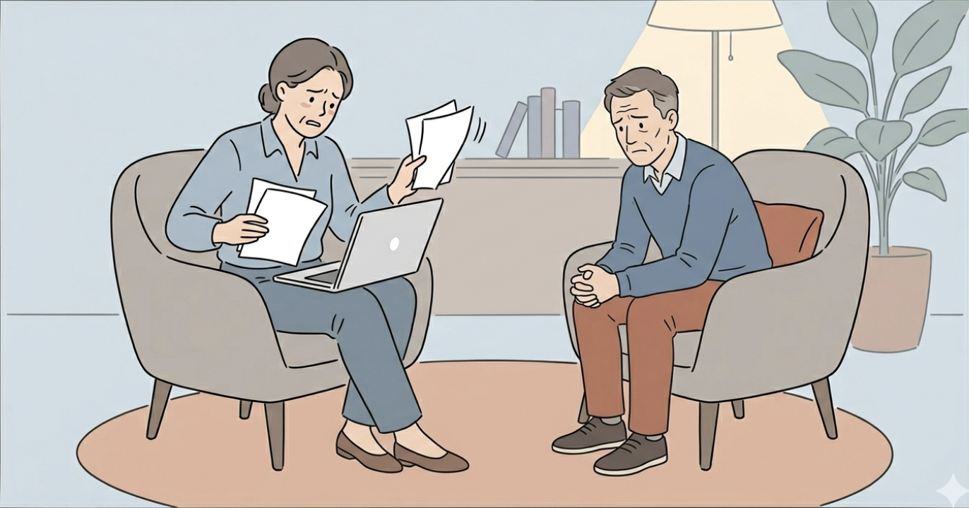 A therapist and client sit together, the therapist holding papers and a laptop, both looking stressed.