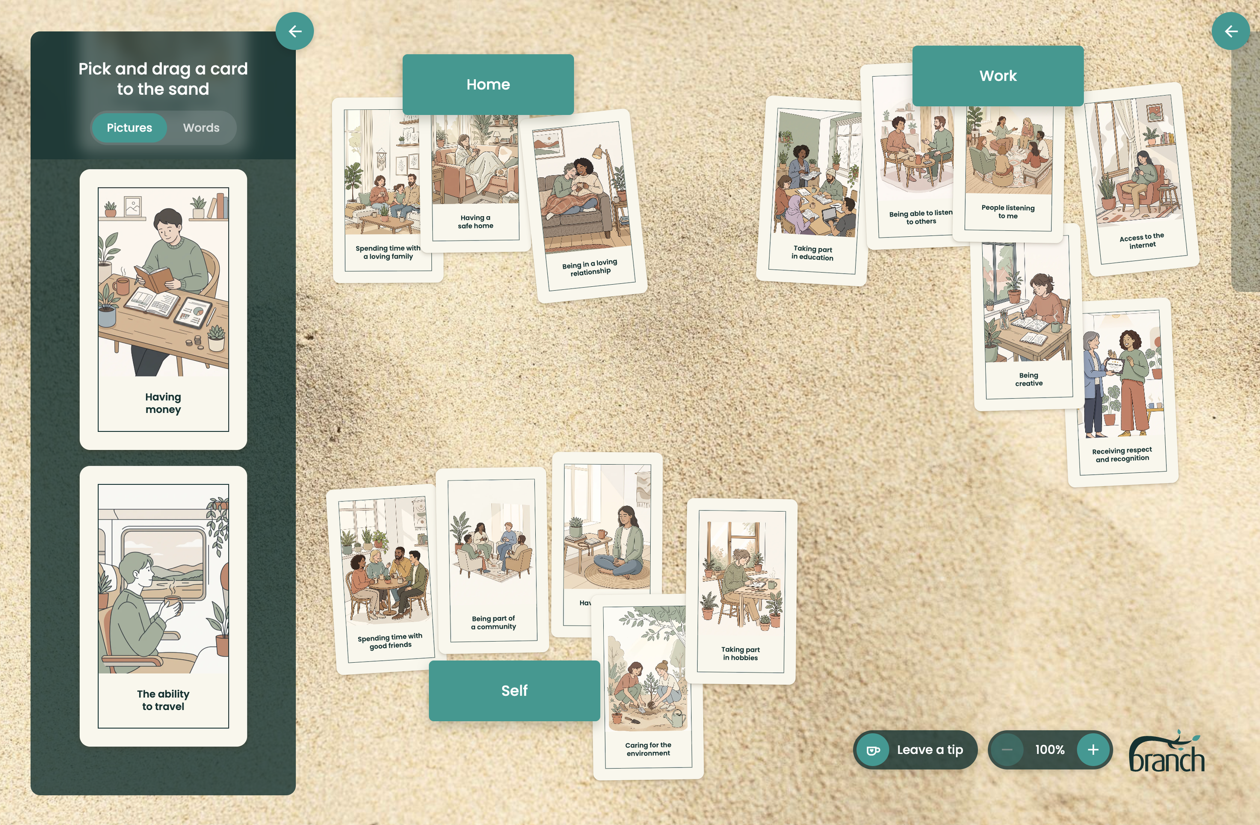 A spread of cards with illustrations and labels in the branch sandbox