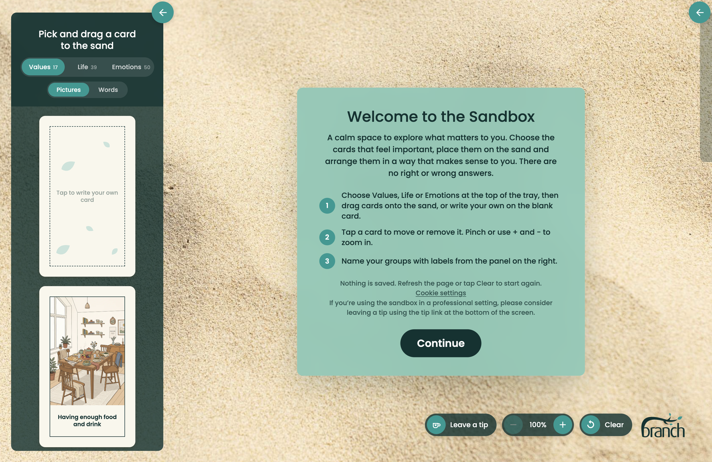 The home page of the virtual cards sandbox