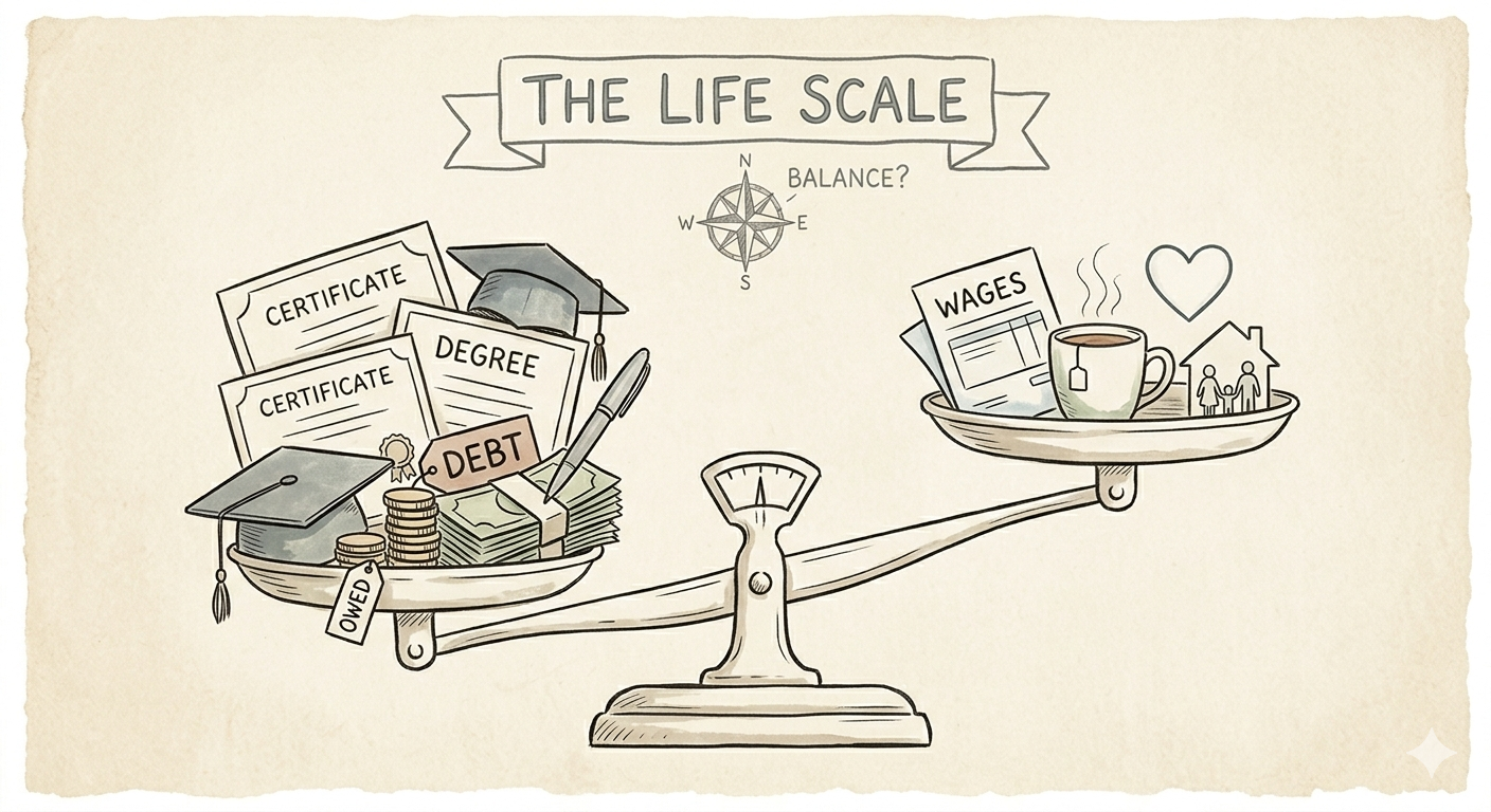 An AI generated image with a set of old fashioned balance scales. On one side is debt and university degrees, and on the other wages and a home