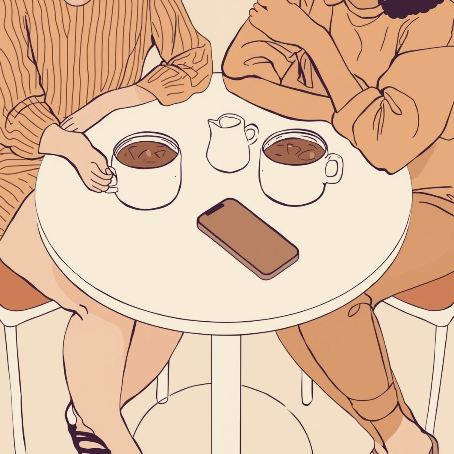 a simple illustration of 2 people at a table in a coffee shop, their faces not visible.