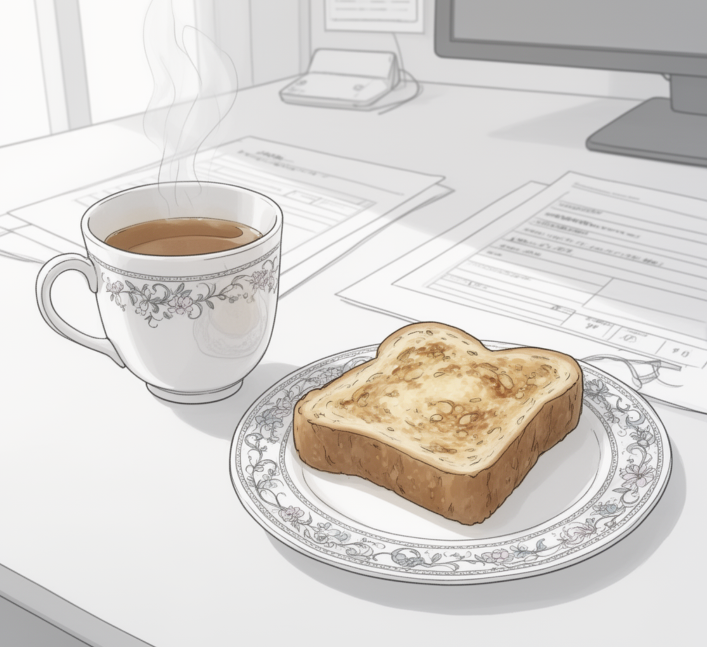a simple line illustration of a cup of tea and toast on a work desk