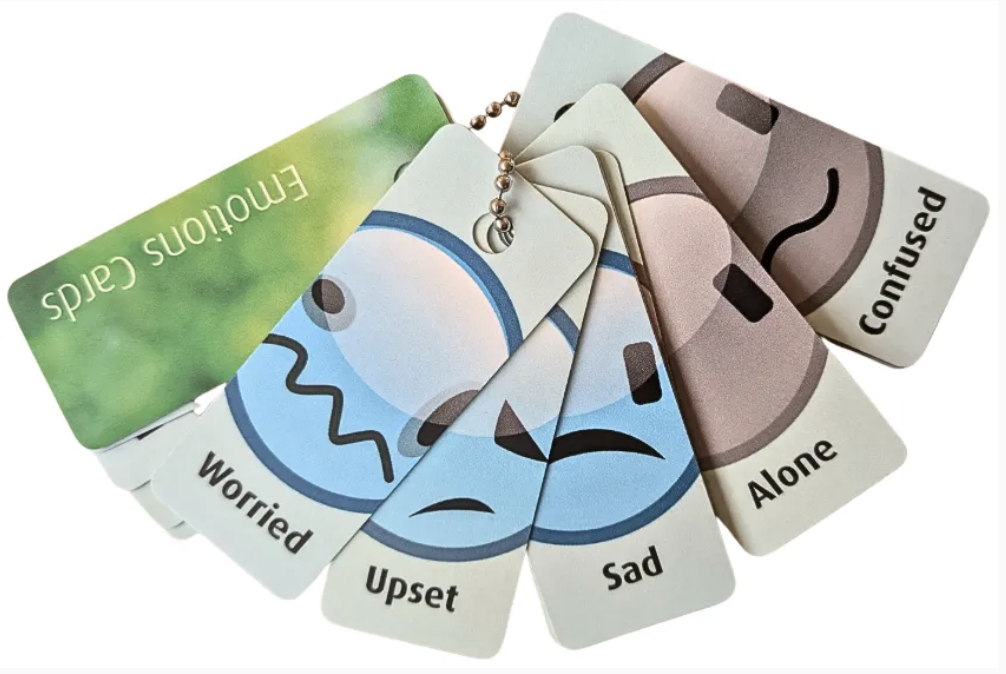 A selection of emoticon illustrated cards showing; worried, upset, sad, alone, confused.
