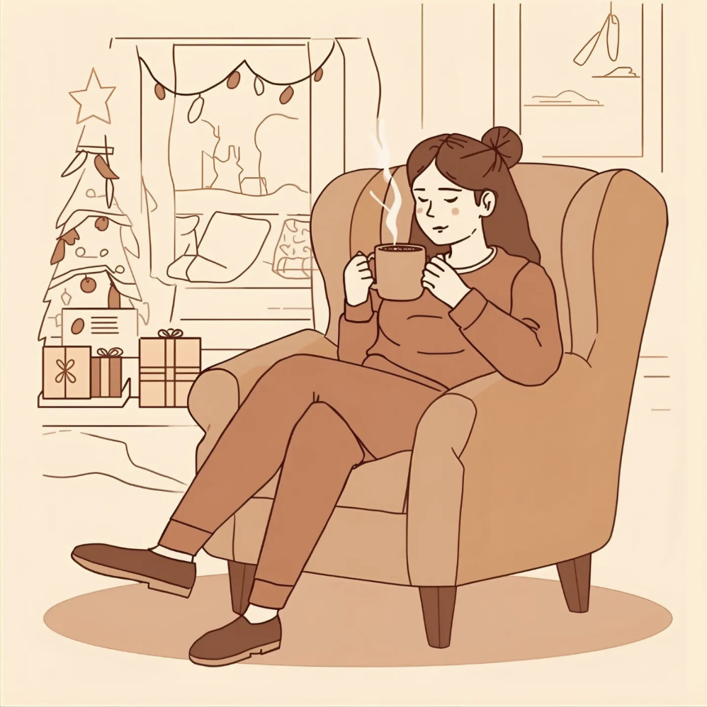 A female sitting in a cosy armchair with a hot drink, a christmas tree and decoration living room behind her.
