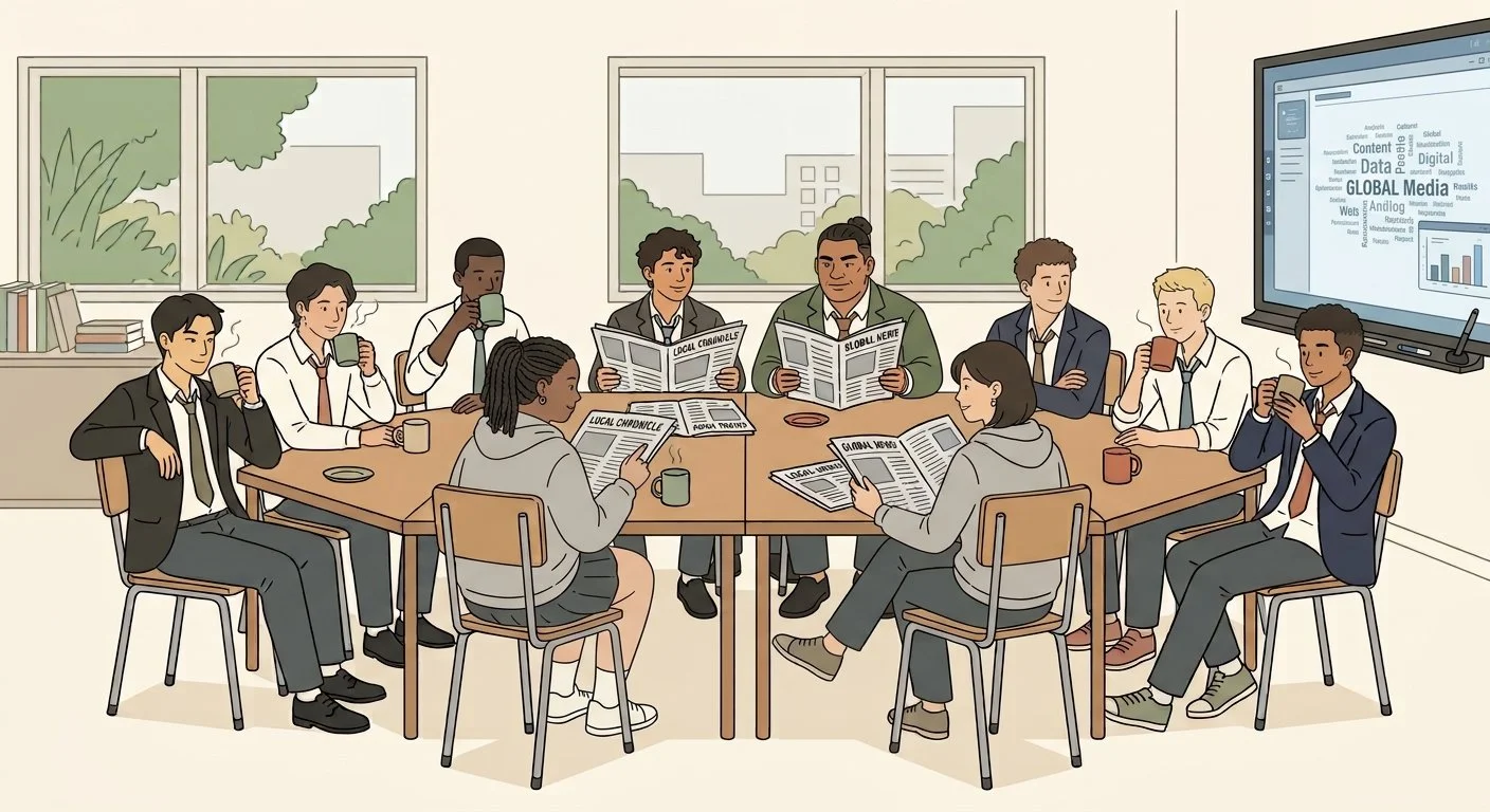 A simple line illustration of students sitting round a circular table, reading newspapers and drinking tea.
