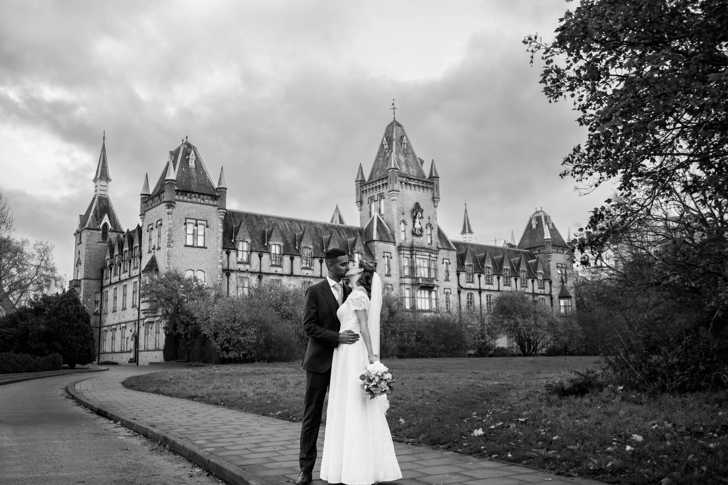 Bride and groom sharing a romantic moment at Le Gothique wedding venue in London