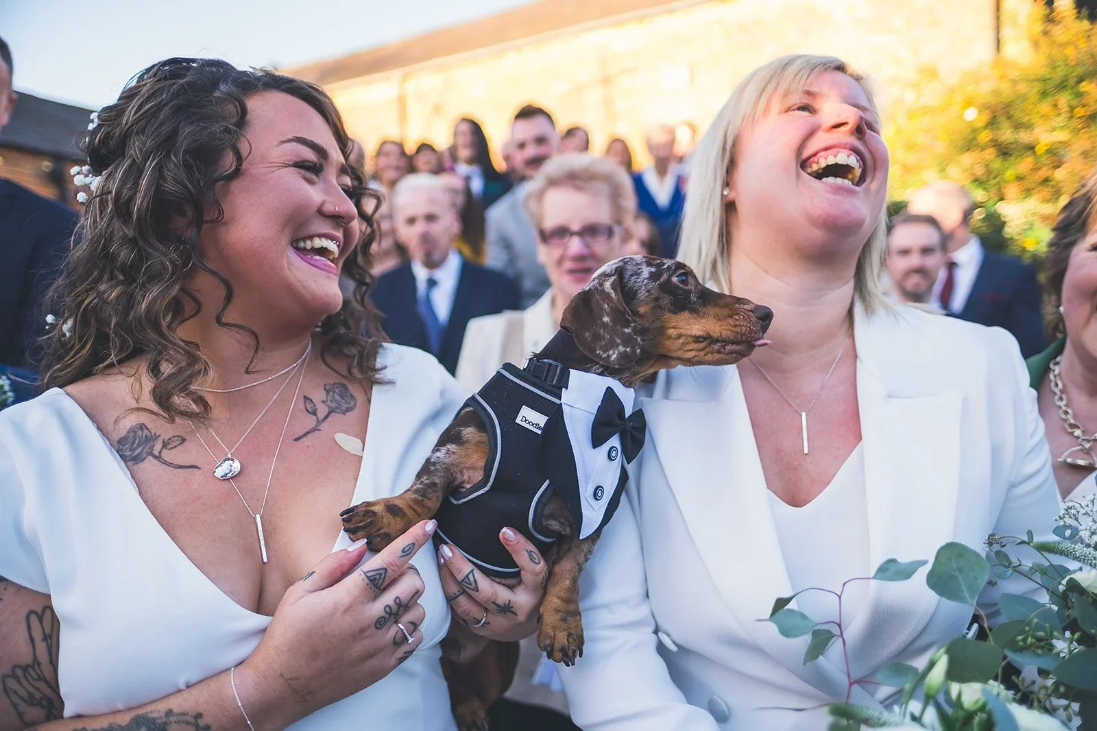 Two women smiling at a wedding ceremony, one holding a dog in a tuxedo costume, with guests in the background.