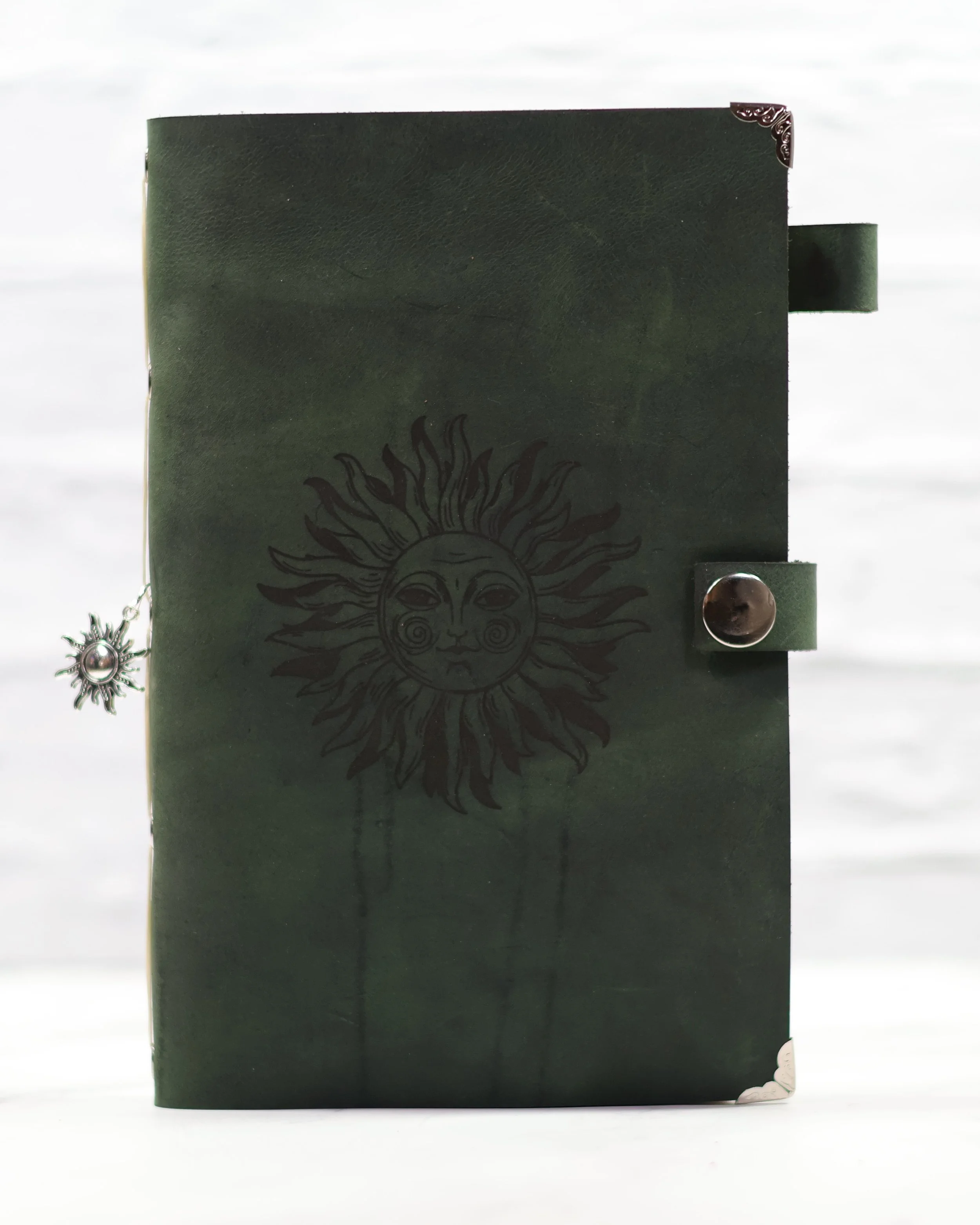 Large Stitched Antique Green Leather Journal (Celestial)