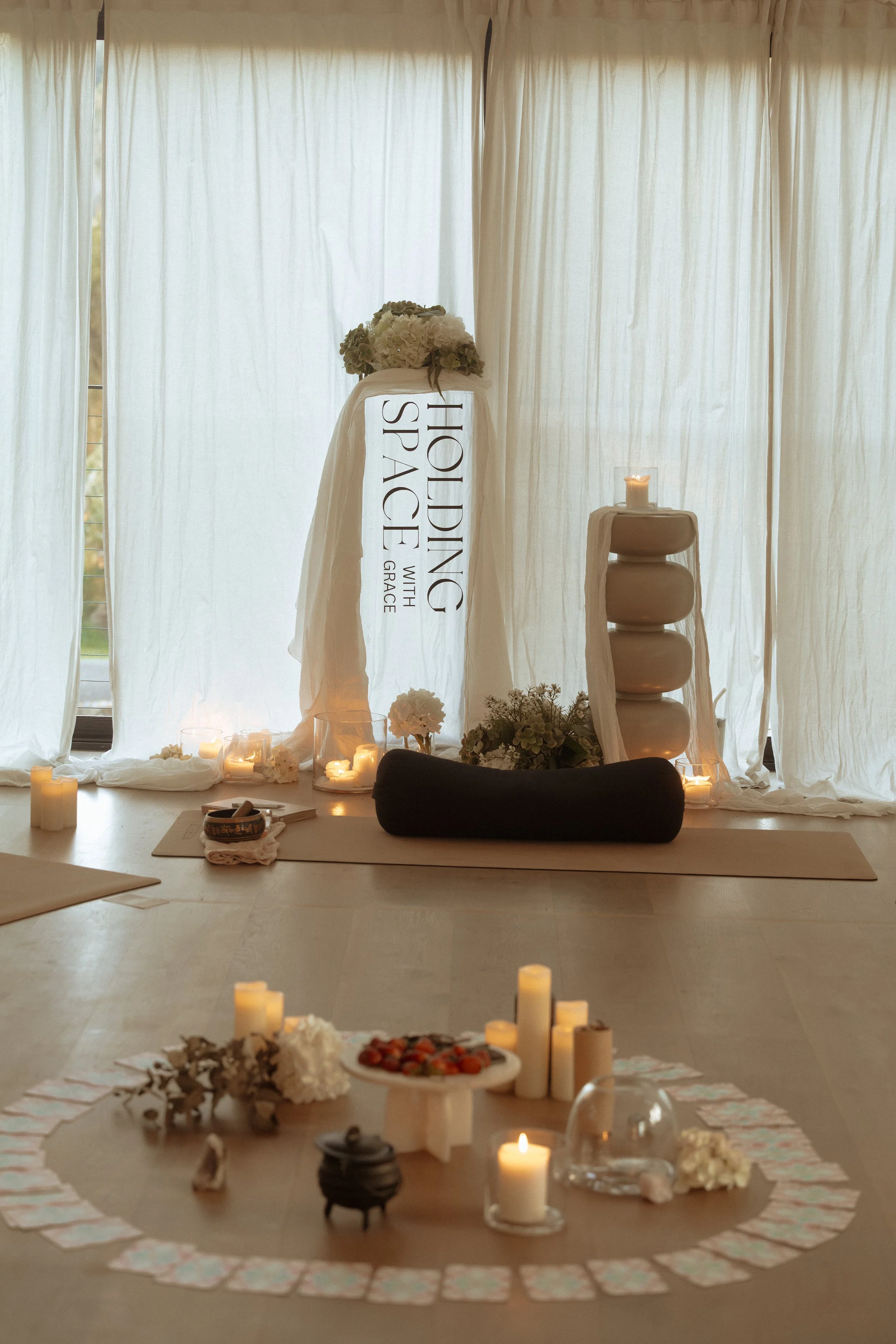 Nadia set up ready to host her signature ritual for a Wedding Wellness group