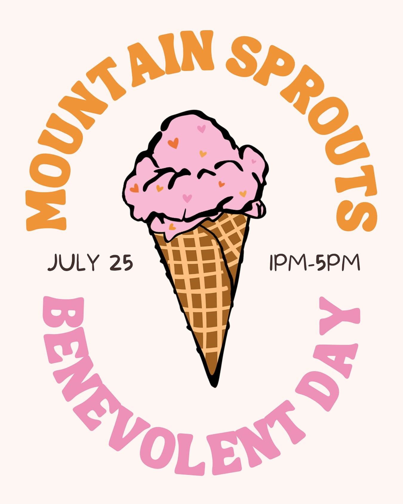 We are hosting a benevolent day for Mountain Sprouts Children&rsquo;s Community! This Friday from 1-5pm, 25% of our ice cream &amp; shave ice sales will go directly to Mountain Sprouts!💖 Come support an awesome community for our local kids and enjoy