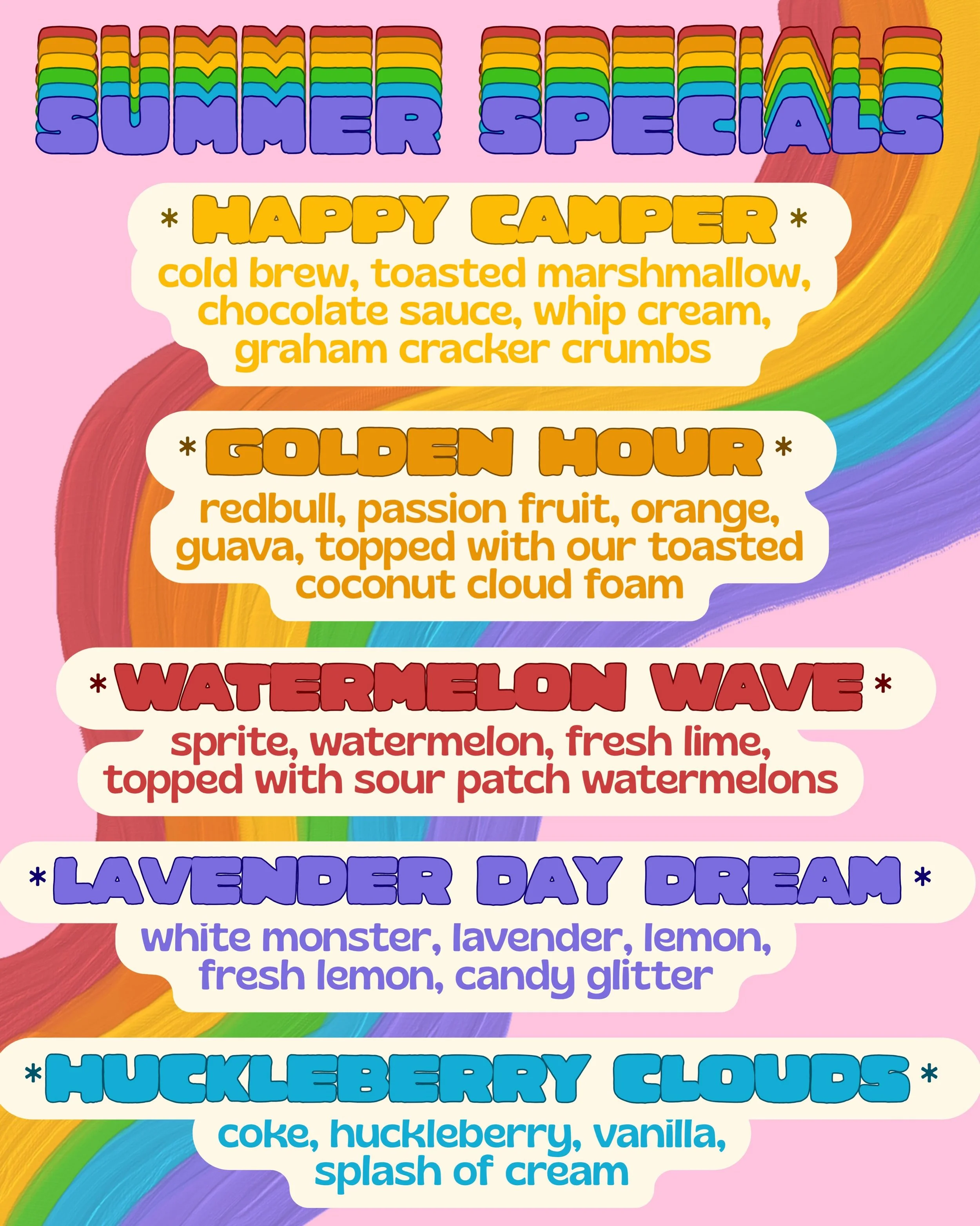 Summer drink specials are here🌞🌈💖

Come try them out and check out our freshly redesigned menu with a few new options!✨ (Shoutout to @chalkchicmama for the beautiful art!) The menu should be much easier to navigate and find your favorite new drink
