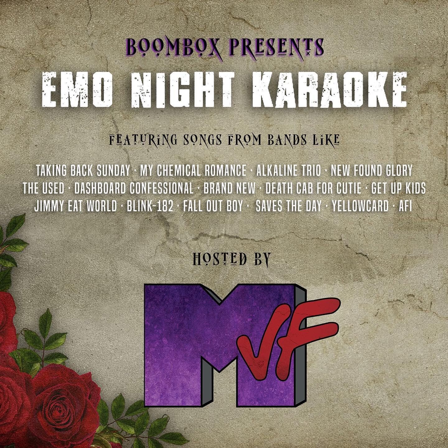 Tonight will be the night we sing our feelings! Boombox Emo Karaoke starts at 9pm! 🖤💜