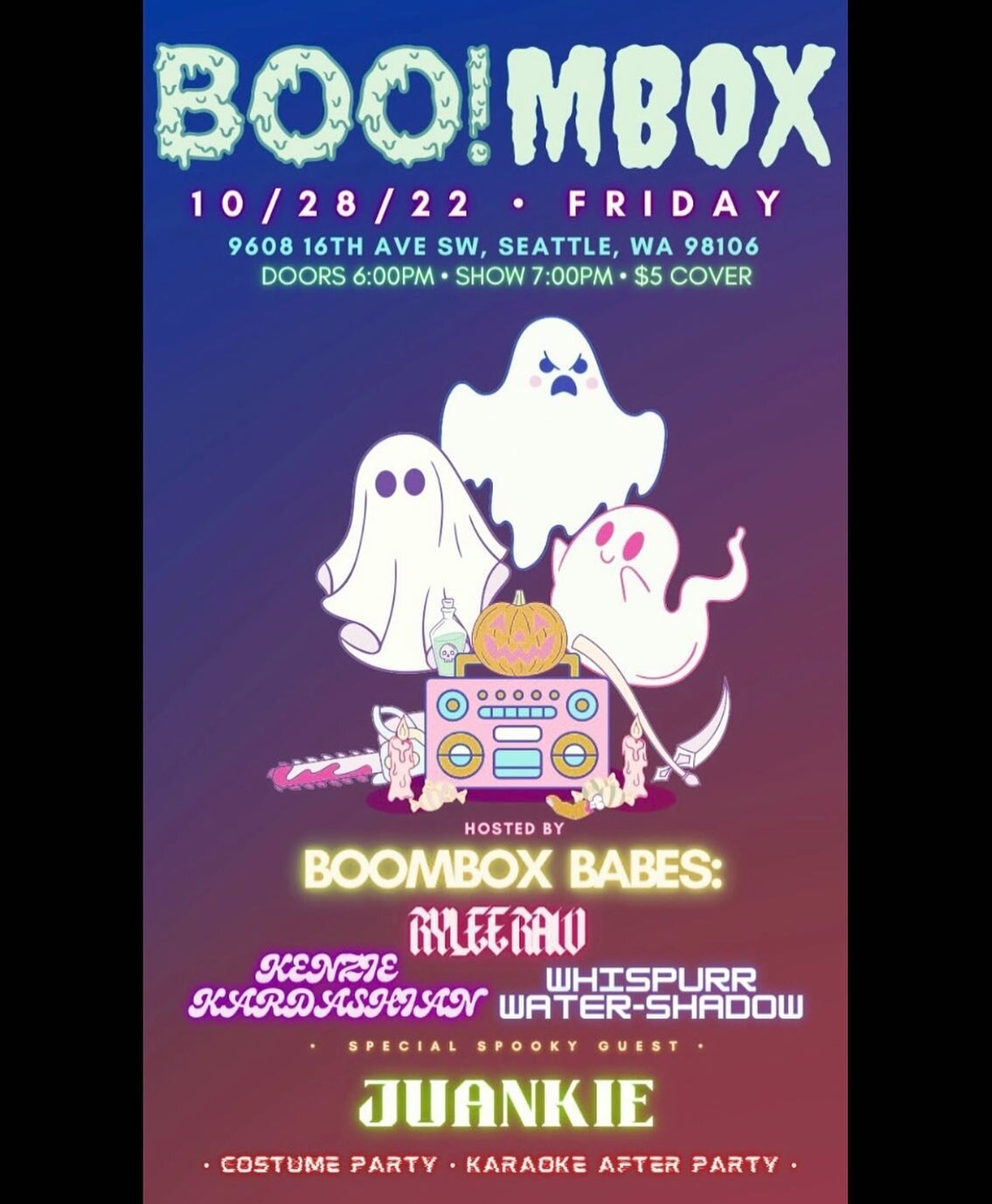 LESS THAN FIVE HOURS UNTIL THE BOOMBOX BABES SPOOKY OOKY HALLOWEEN SHOW!!! 
Doors at 6. Show at 7.
Costume party and costume karaoke to follow at 9 with MVF!!! 

Super fun drink specials all night like our boozy blood bags 🩸for $8. And like always t