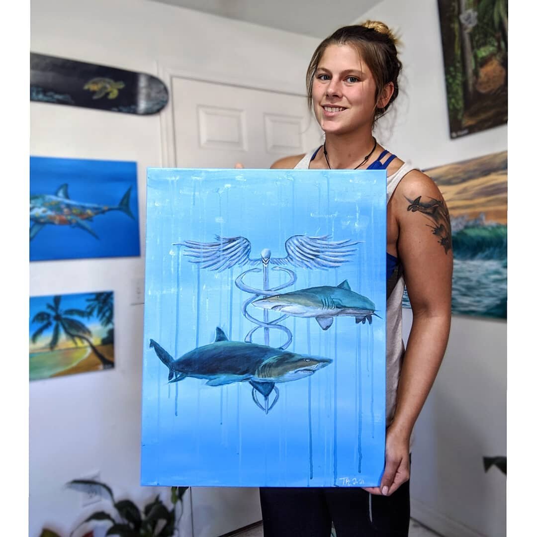 This one is for all of our healthcare workers who are pulling through this incredibly difficult time. In this painting is 2 nurse sharks circling greek symbol of medicine. Nurse sharks are rated one of the friendliest of shark species like many of ou