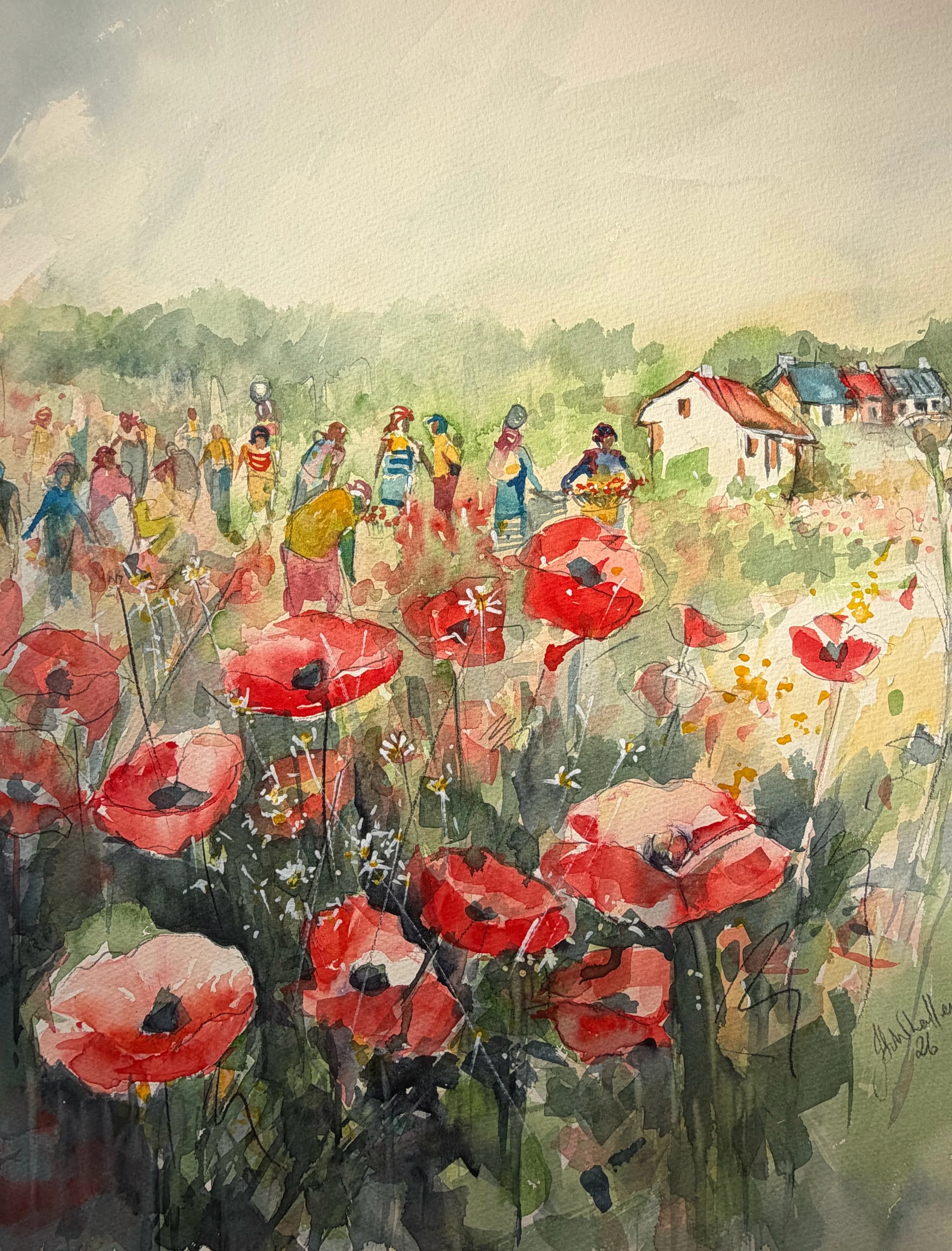 Serene Poppy Field Watercolor Painting