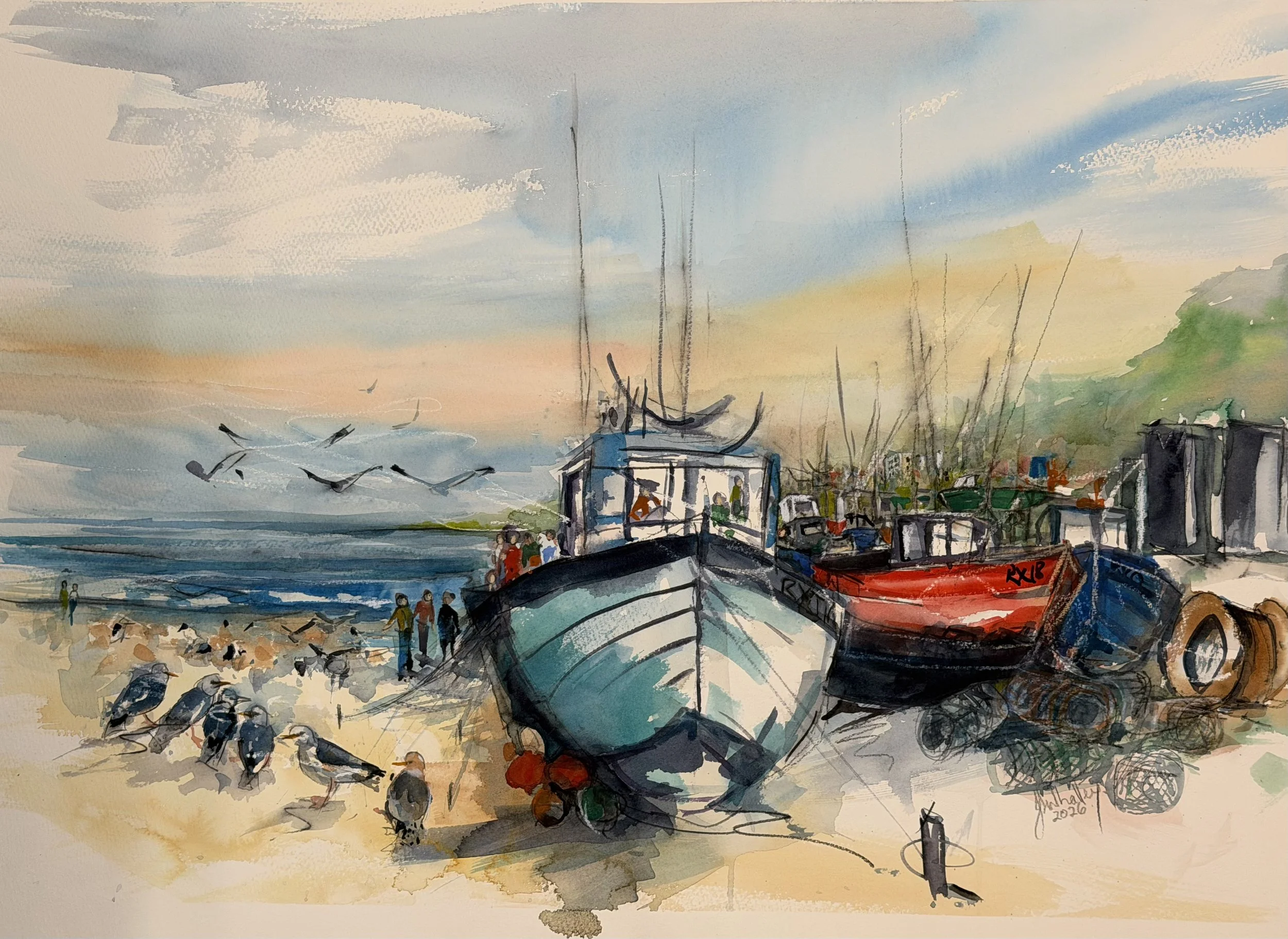 Tranquil Dawn: Coastal Fishing Scene Watercolor
