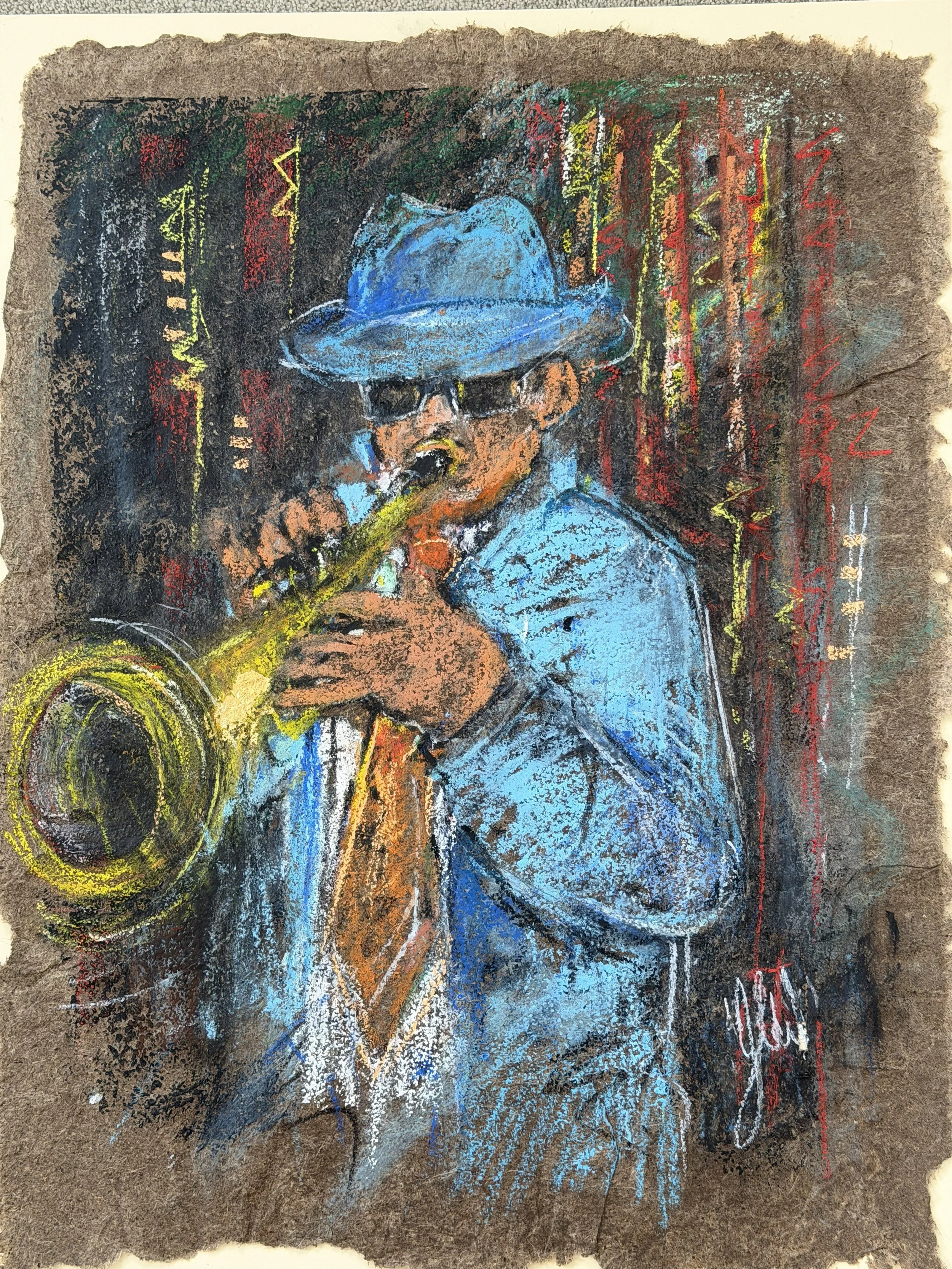 The Trumpeter 'oil pastel on rag'