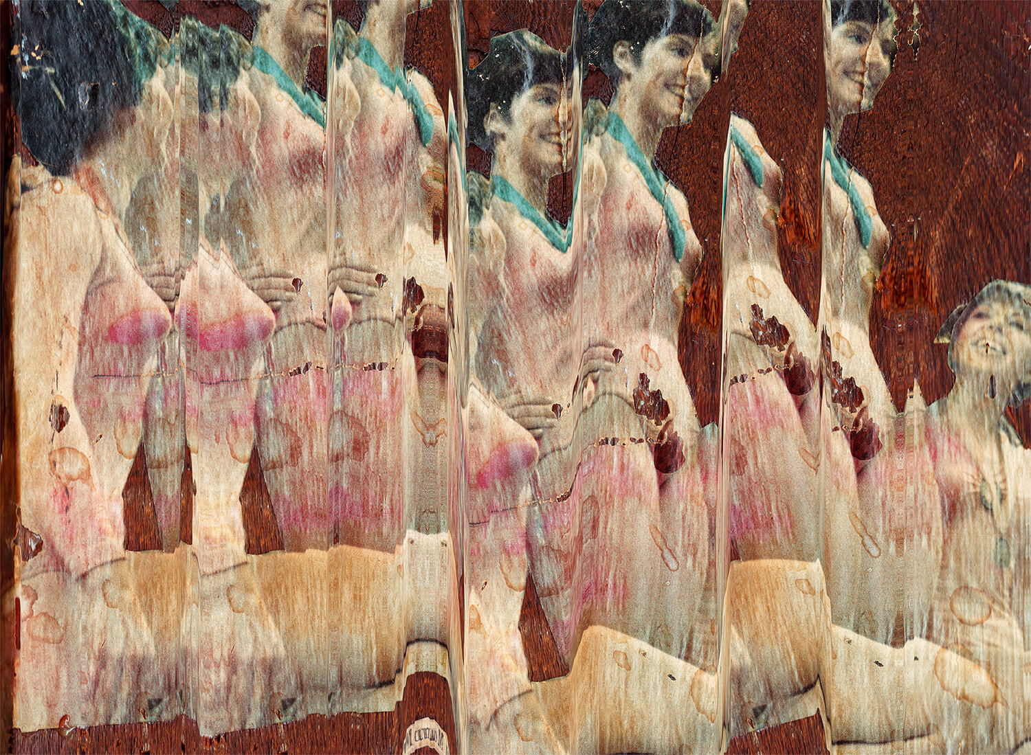 Archival pigment print featuring repeated and layered portrait imagery of faces with classical sculptural features, rendered in muted tones of rust, cream, pink, and teal.