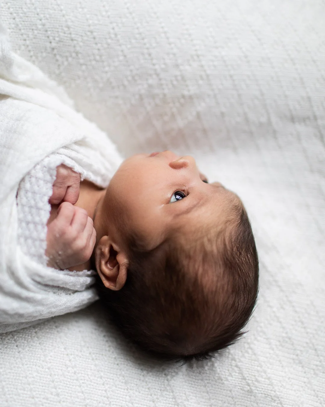 Newborn swaddled in white blankets 