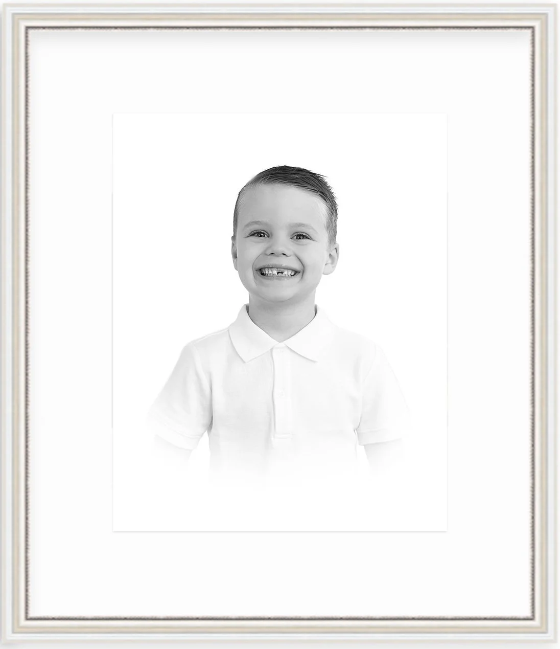 Framed heirloom portrait of Chicago boy in black and white