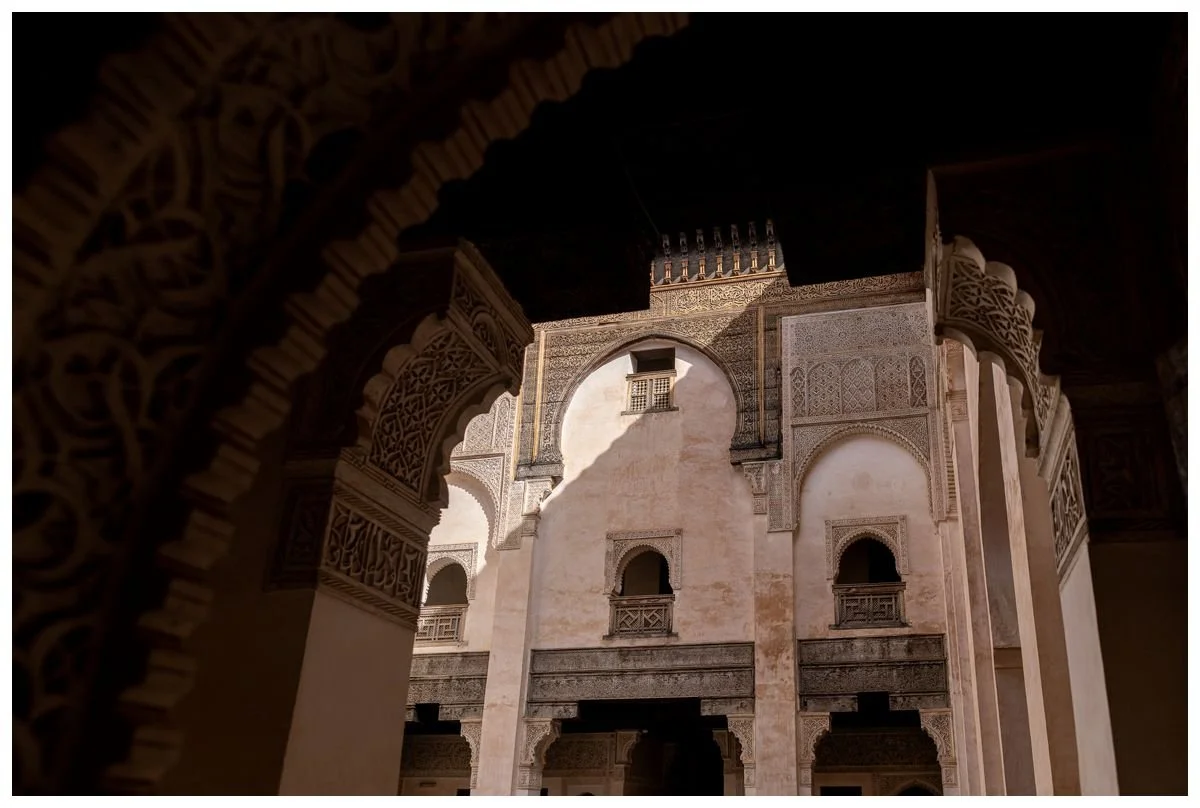Traditional Moroccan architecture through an arch in Fez, Morocco
