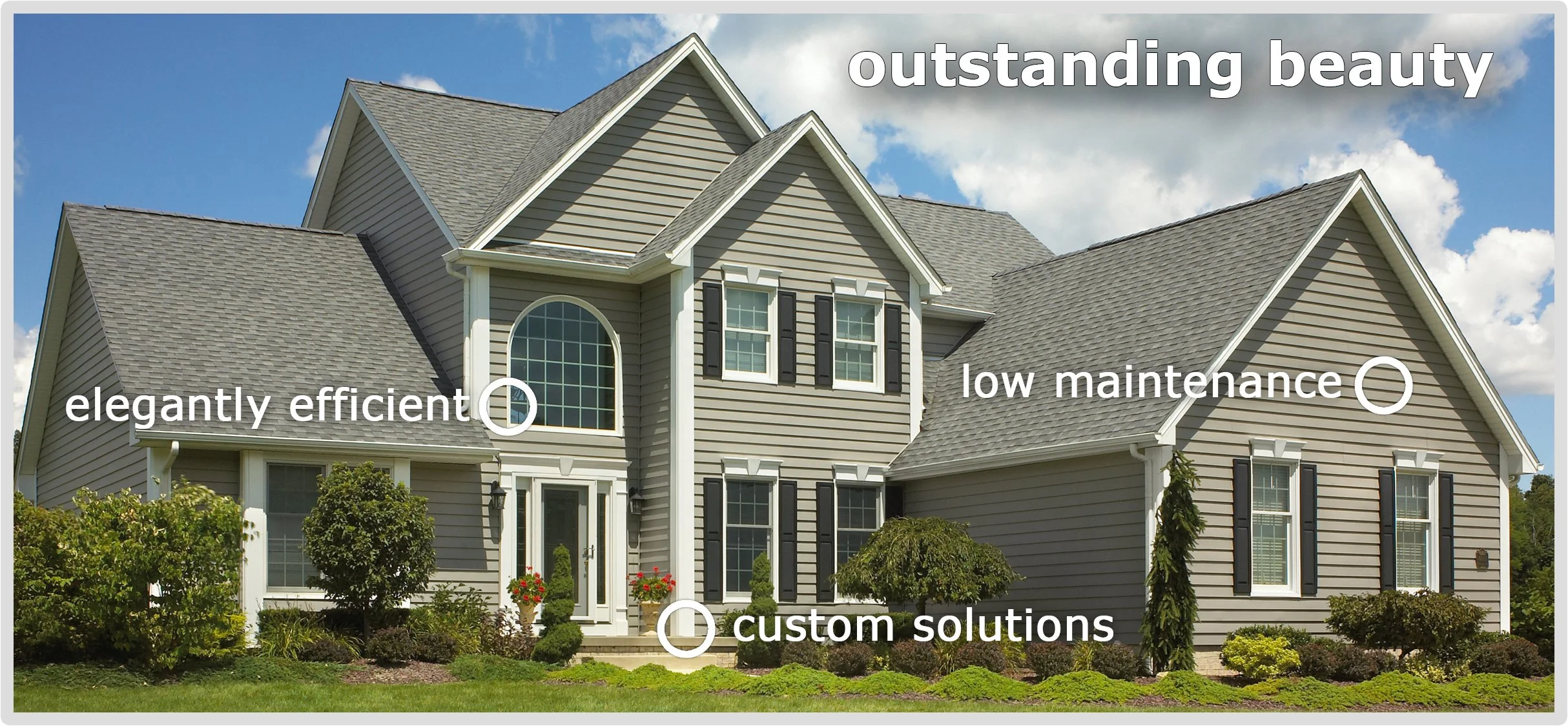 A large, modern house with gray siding, multiple gabled roofs, and white trim. The front yard has bushes and a well-kept lawn, and the sky is partly cloudy.
