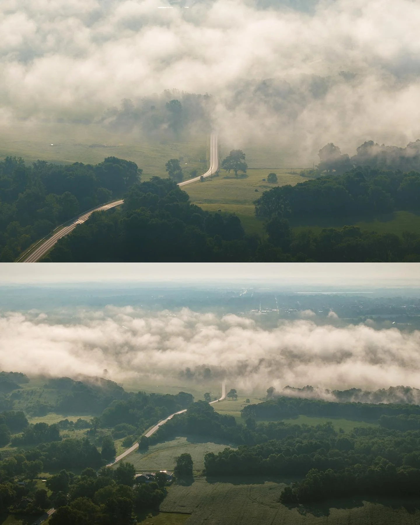 Tuesday morning drone shots over top of West Walnut street, looking east towards Greencastle! Was scouting a field to spray it and had to grab a few pics with the heavy fog that was burning off! #NPMedia