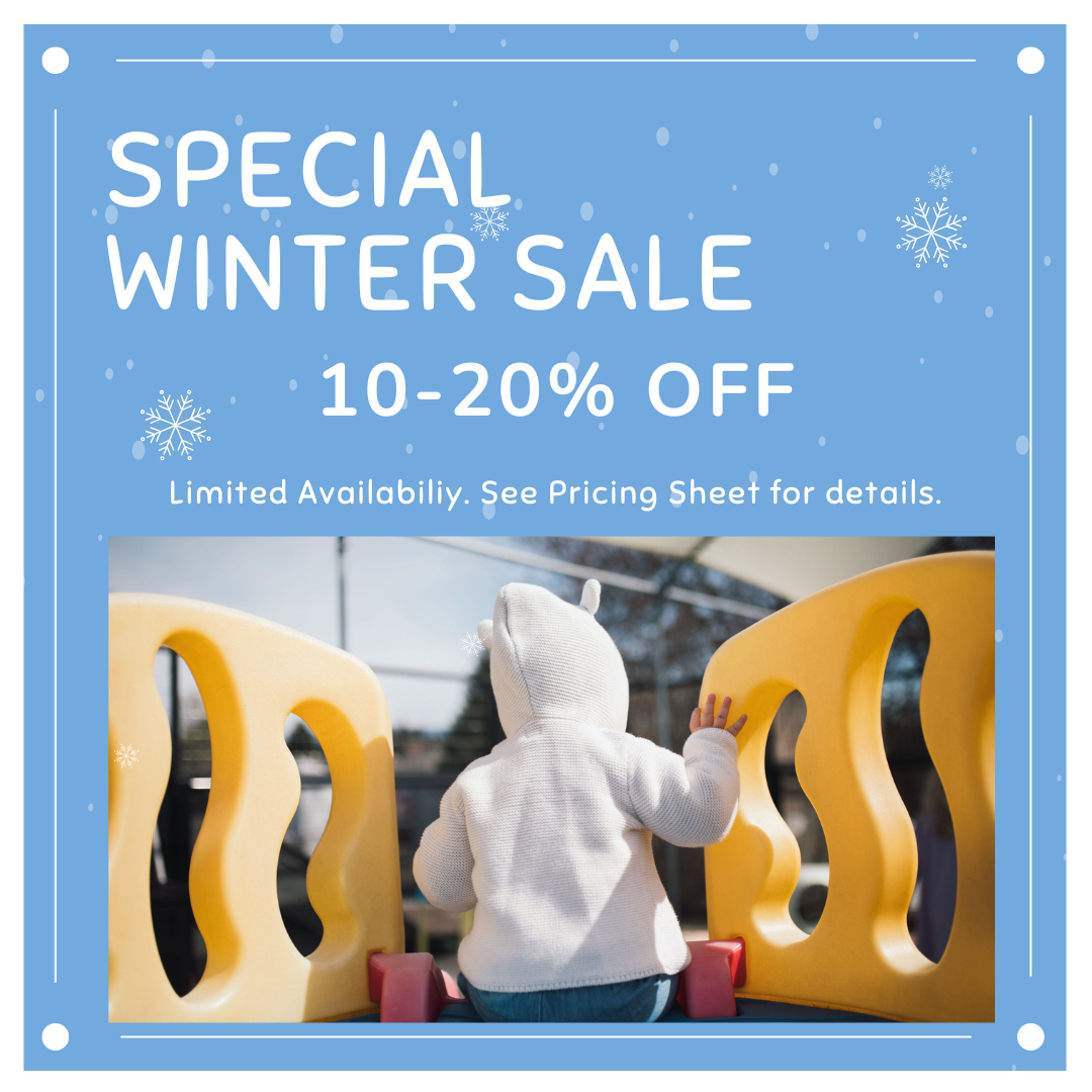 A promotional flyer for a winter childcare sale featuring a baby dressed in a white hooded jacket and jeans, sitting on a yellow playground structure outdoors.