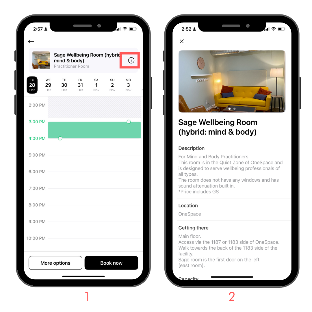 Work space/childminding specific information: 1. Open the specific work space and tap the information 'i' icon next to the name. 2. Scroll to view all details of that specific work space / childminding spot