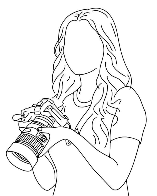 Line drawing of a woman with long, wavy hair holding a camera.