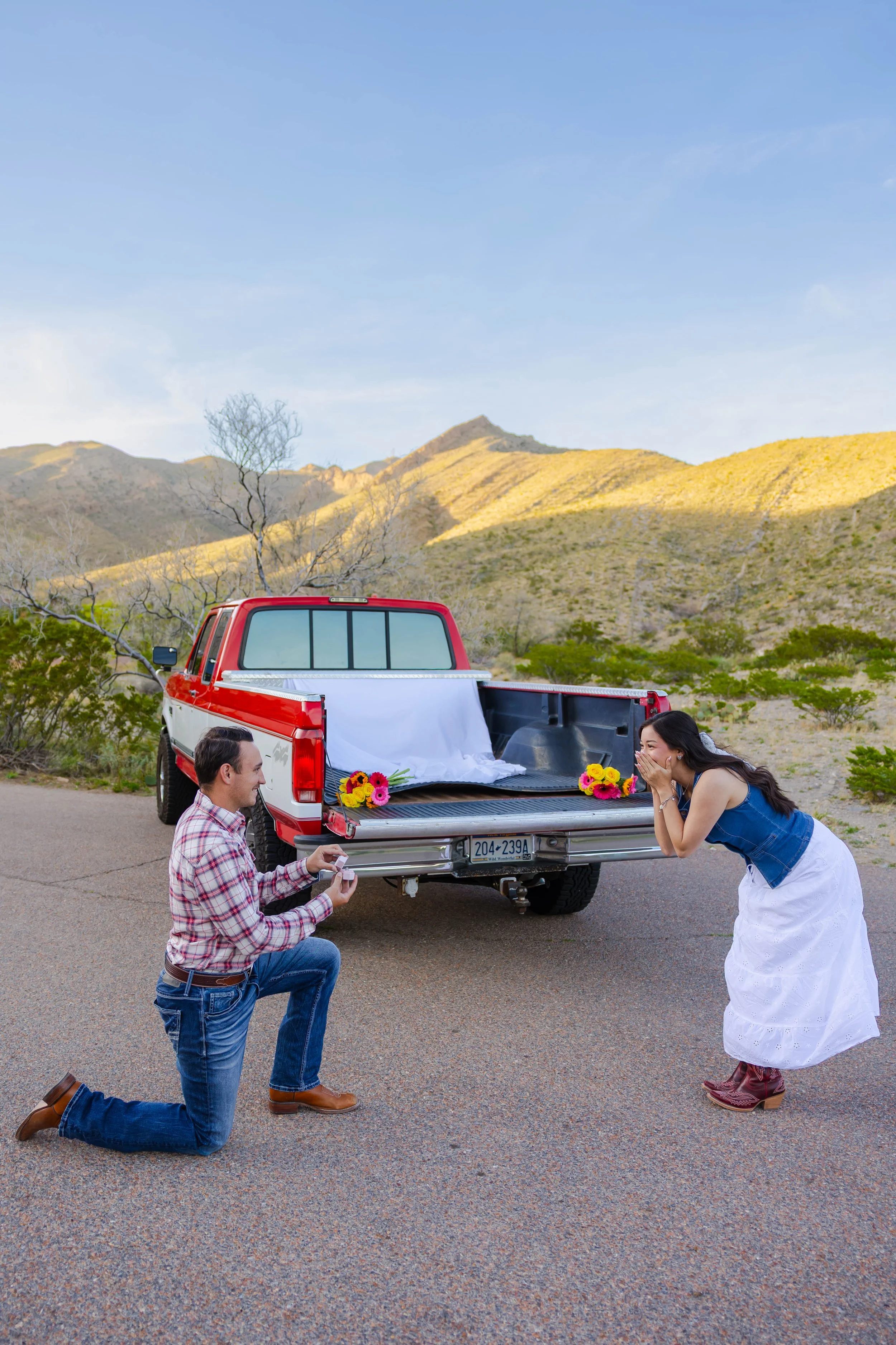 A man kneeling on one knee presenting a ring to a woman in a white skirt and denim vest who is covering her mouth in surprise near a red pickup truck decorated with flowers on the tailgate in a scenic outdoor setting with mountains in the background.