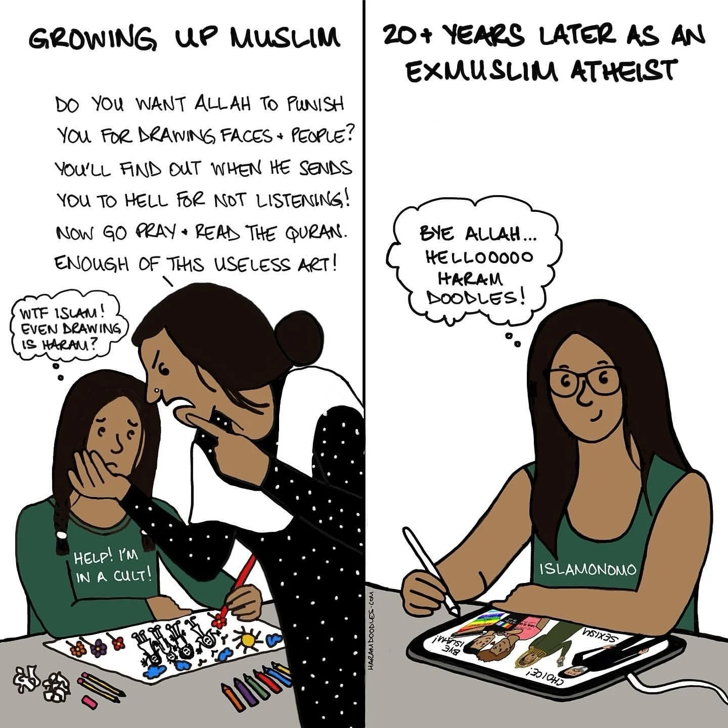 The human drive to create is as natural as breathing - it shows up in our earliest cave paintings and persists through every attempt to contain it. This powerful piece shows one artist @haramdoodles breaking free from Islamic restrictions on creativi